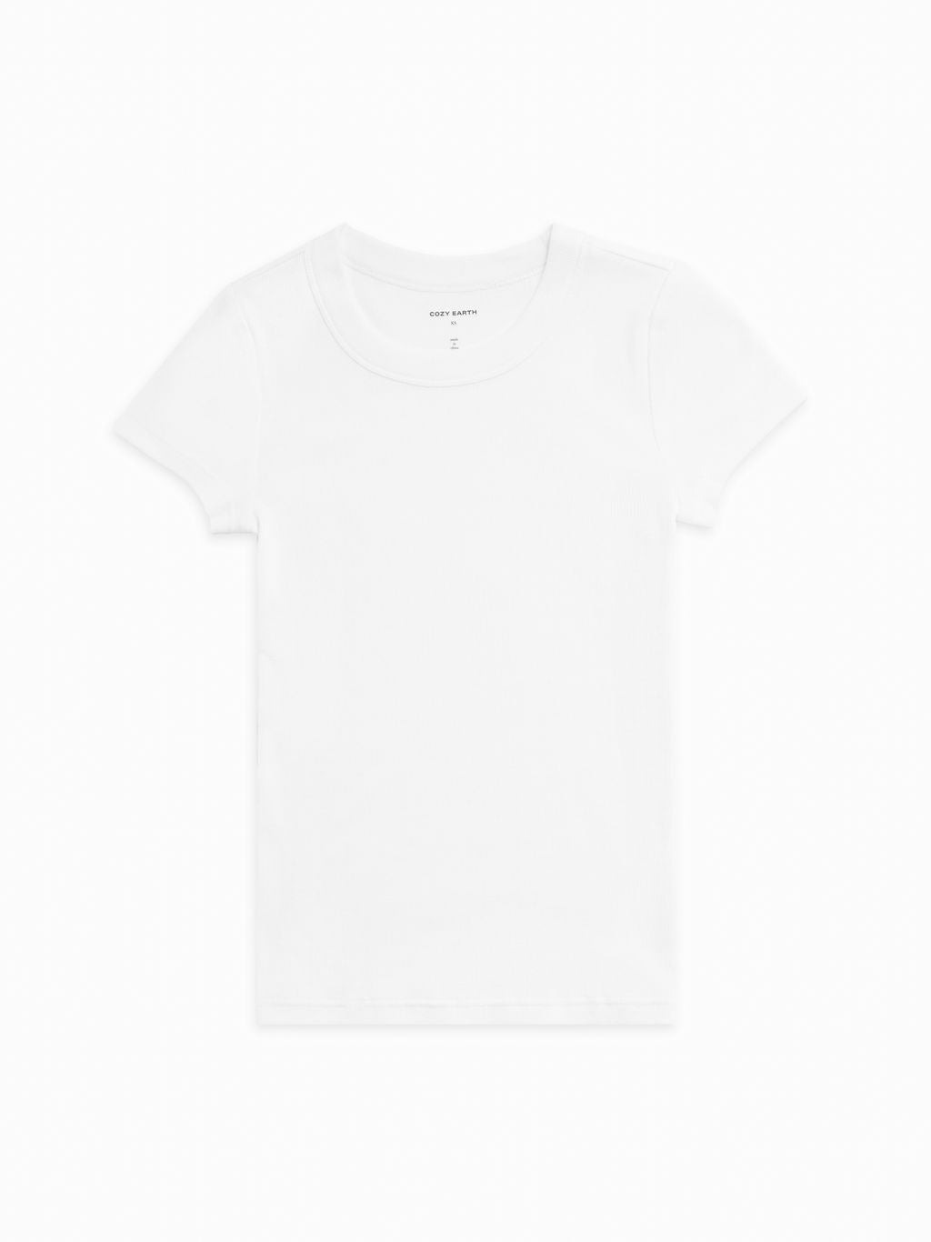 Cozy Earth Women's Fine Ribbed Tee in White lies flat on a white background. 