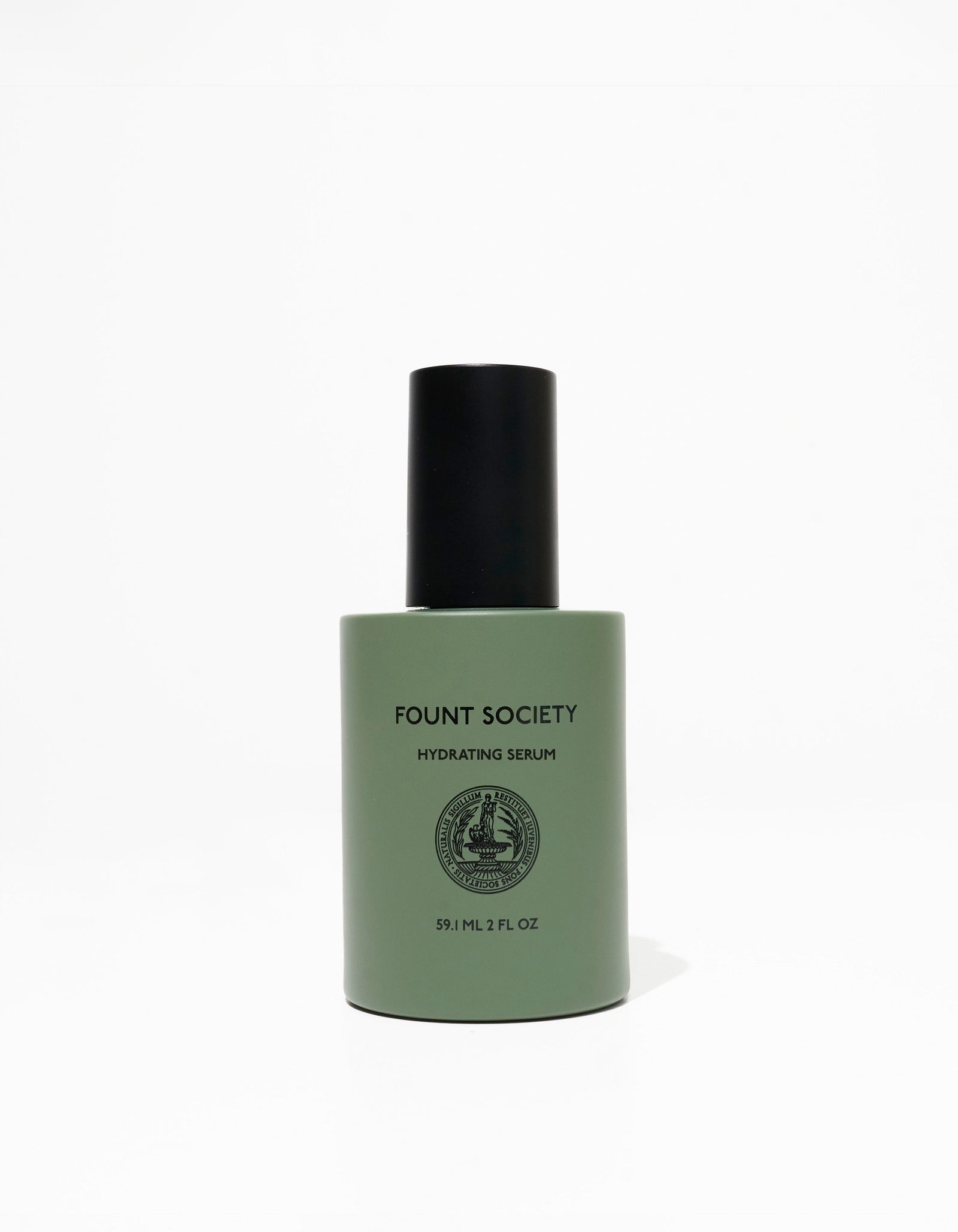 A green bottle of hydrating serum with a black cap from Cozy Earth, labeled "Fount Society Hydrating Serum" and featuring a logo. The 59 ml (2 fl oz) bottle stands on a white background.