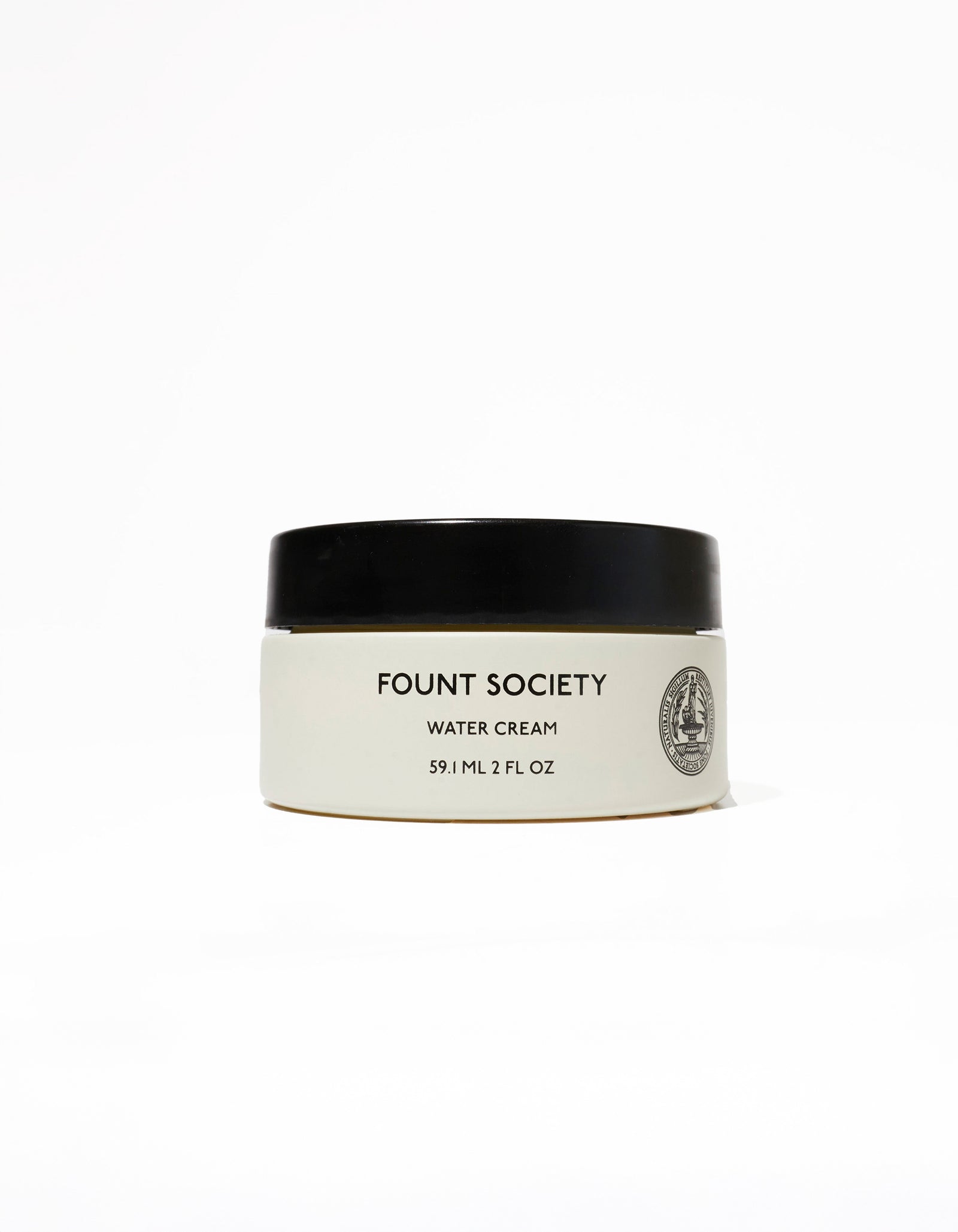 A white jar of Cozy Earth Water Cream Moisturizer featuring a black lid, with a logo and the text "59 mL / 2 FL OZ" on a plain white background. 