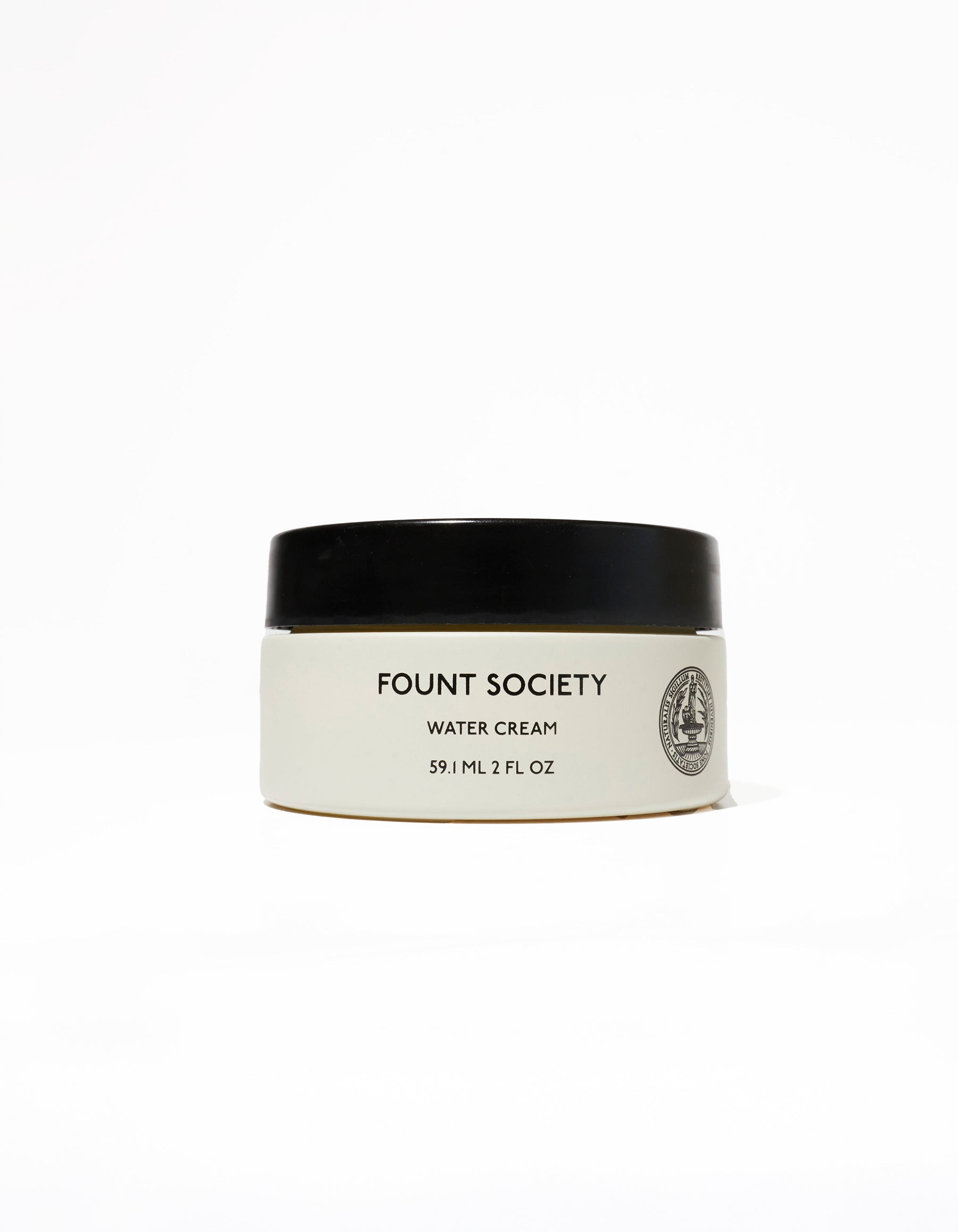 A white jar of Cozy Earth Water Cream Moisturizer featuring a black lid, with a logo and the text "59 mL / 2 FL OZ" on a plain white background. |Size:Full Size