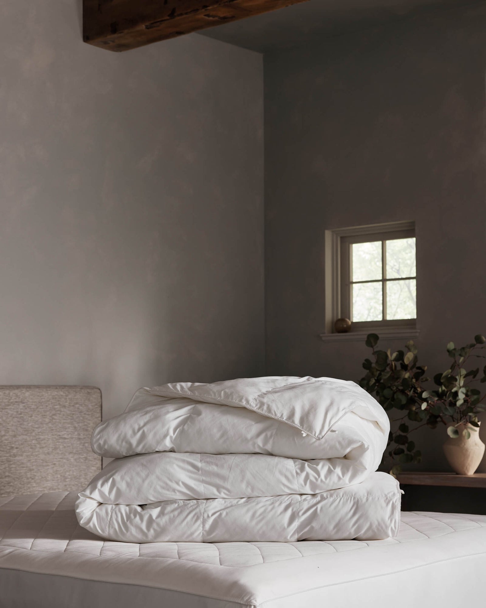 The Soft-Wash Cotton Bedding Deluxe Bundle - Down Alternative by Cozy Earth rests neatly folded on a bed in a softly lit, minimal bedroom with a small window and a vase of greenery on a nearby table.