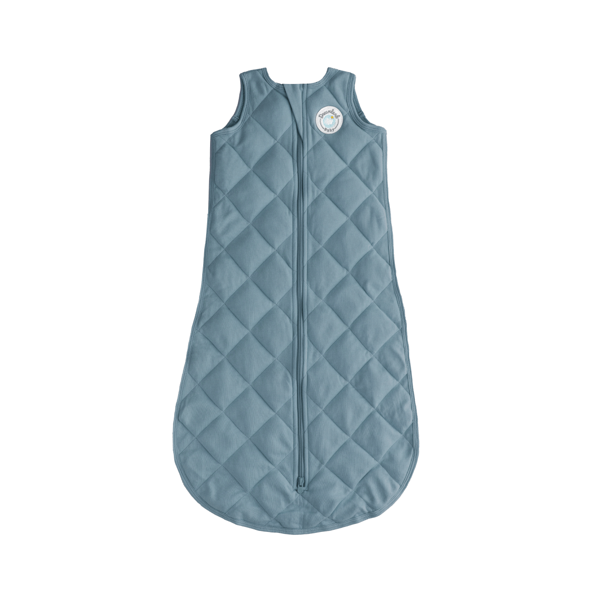 The Dreamland Baby Dream Weighted Sleep Sack in Ocean Blue is a sleeveless, quilted sleep sack with a front zipper and a circular patch on the left chest, shown on a white background.