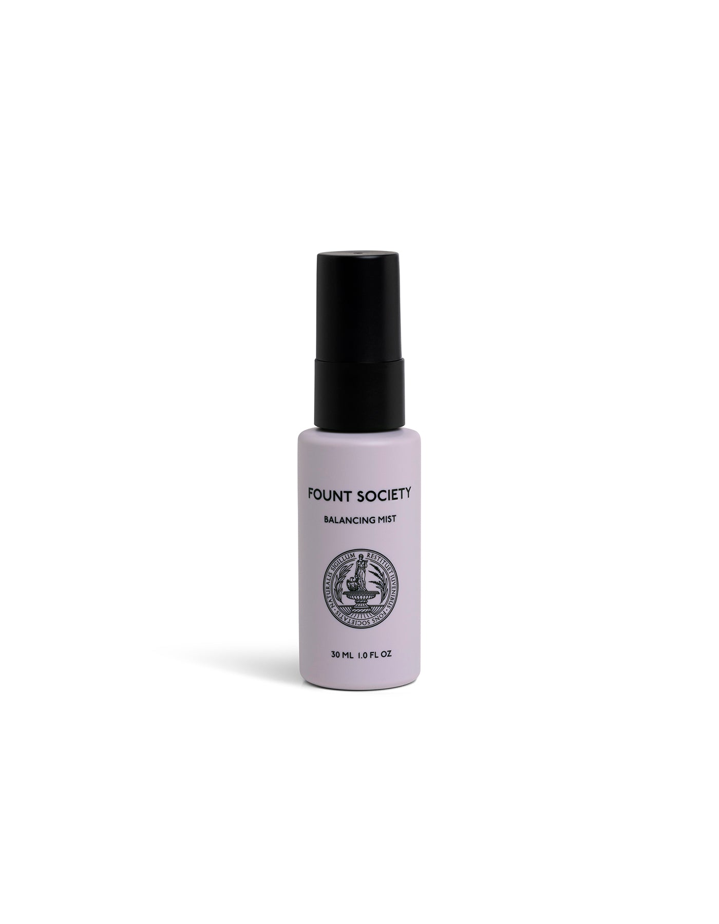 A small, white spray bottle labeled "Cozy Earth Balancing Face Mist" with a black cap and circular logo stands upright on a white background. 