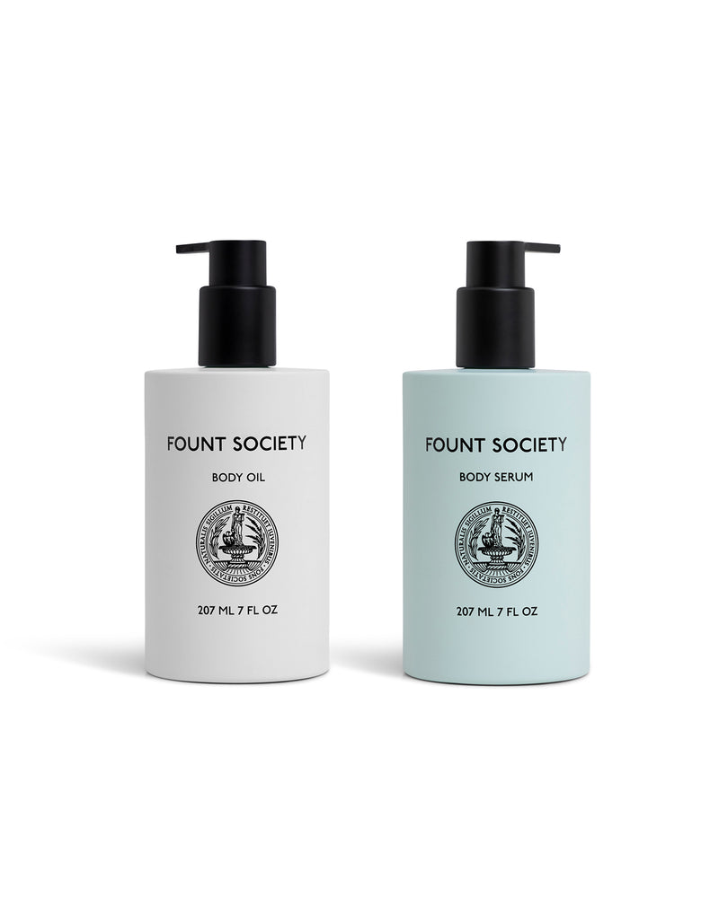 The Body Glow Duo by Cozy Earth includes two 207 ml (7 fl oz) pump bottles: Body Oil in a white bottle and Body Serum in a light blue bottle.