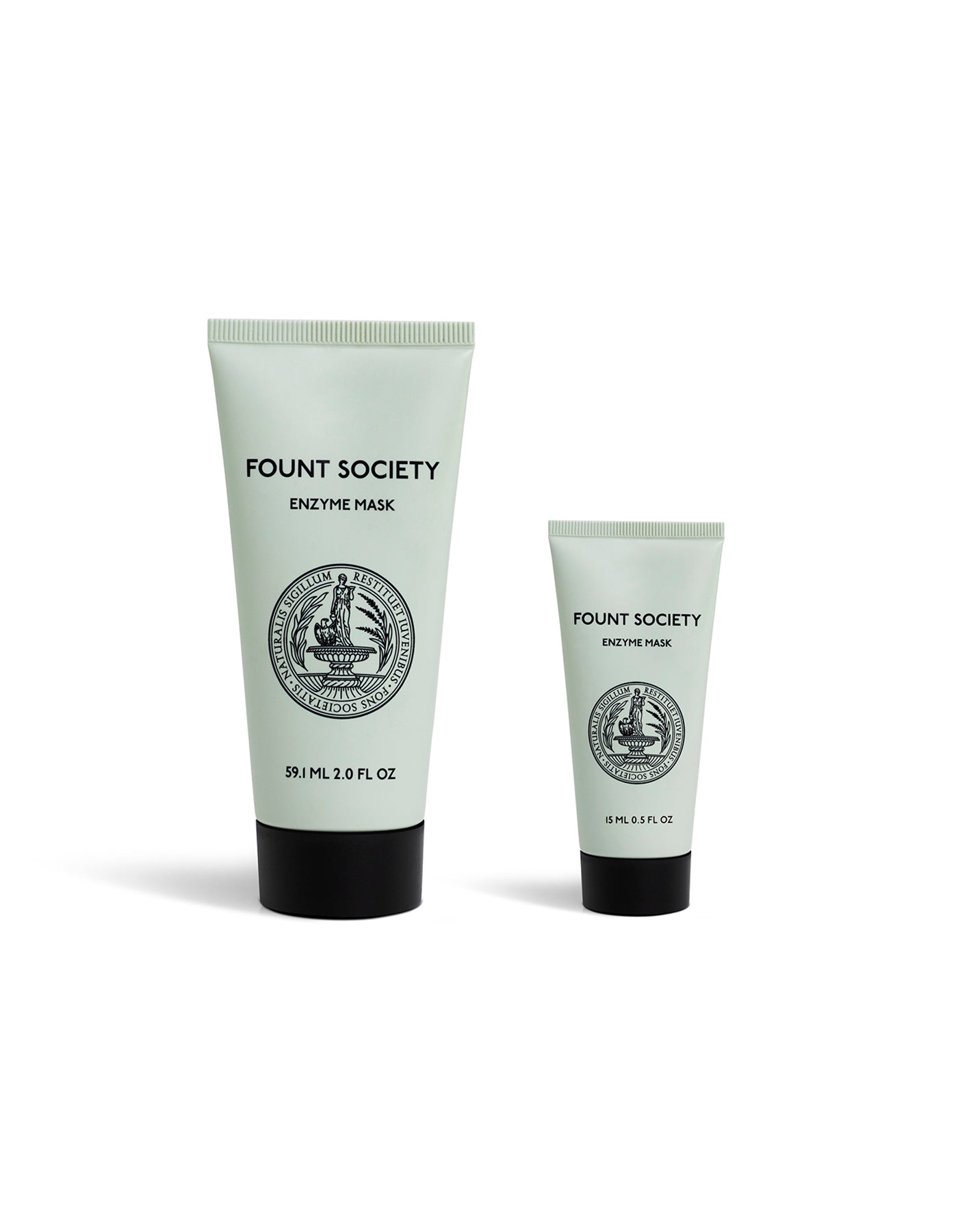 Two mint green tubes of Cozy Earth Enzyme Mask with black caps are shown on a white background. The larger tube is 2.0 fl oz (59.1 mL) and the smaller is 0.5 fl oz (15 mL).