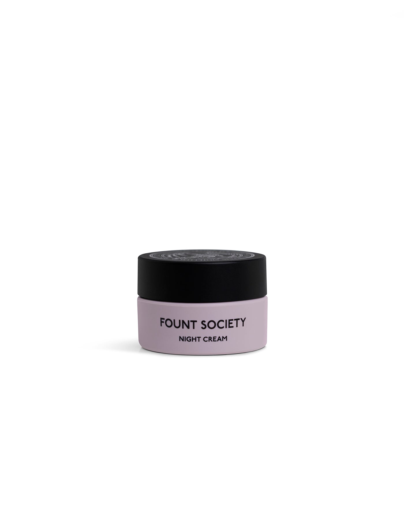 A small, round jar of Cozy Earth Night Cream with a light purple body and black lid is displayed against a plain white background.