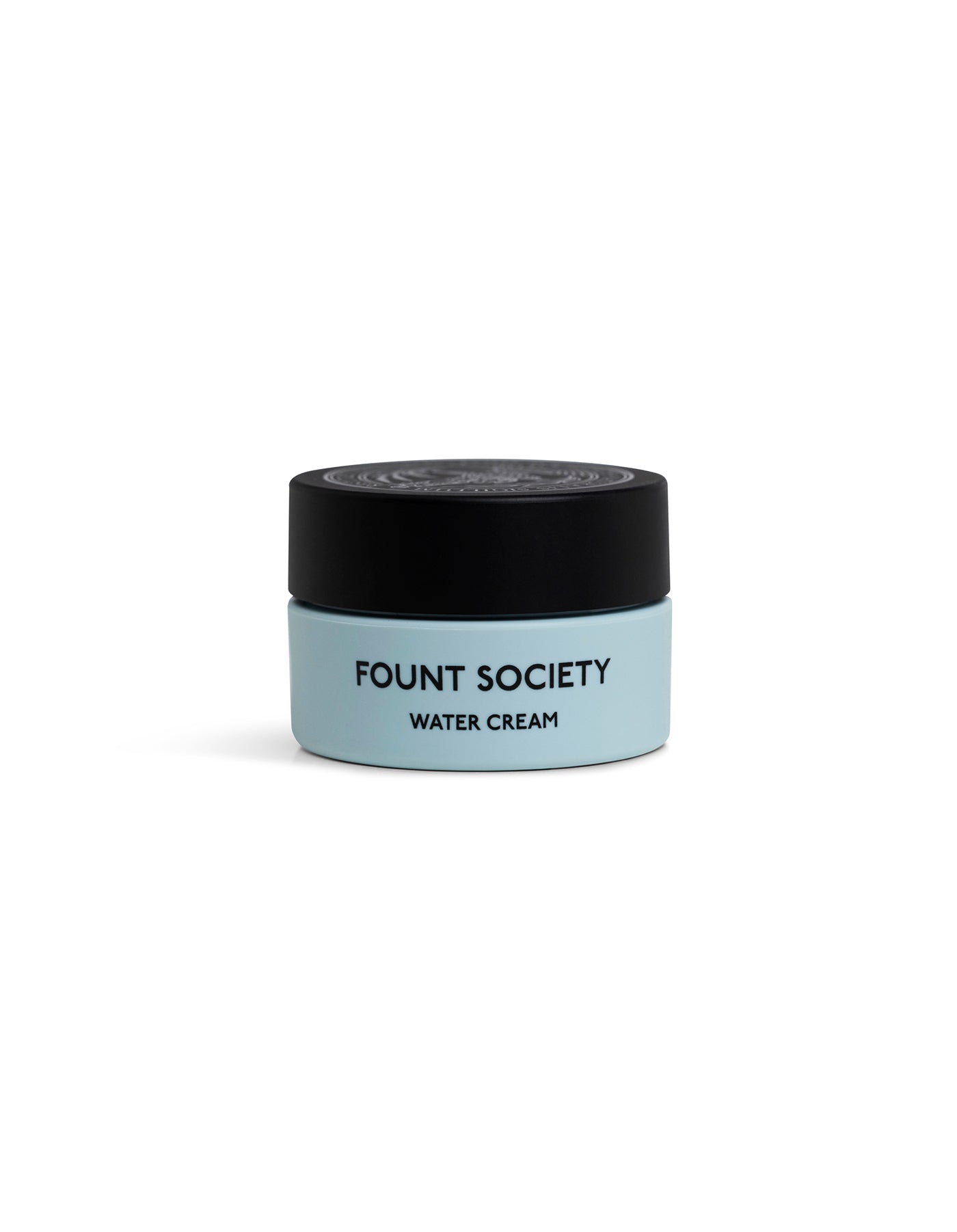A small, light blue cosmetic jar with a black lid labeled "Cozy Earth Water Cream Moisturizer," centered on a white background. 