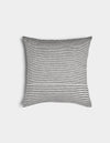 The Cozy Earth Striped Throw Pillow features thin black and white horizontal stripes with a bold band of thicker stripes at the bottom, set against a plain white background.|Color:Mixed Stripe Eclipse and Sea Salt |Size:20" x 20"