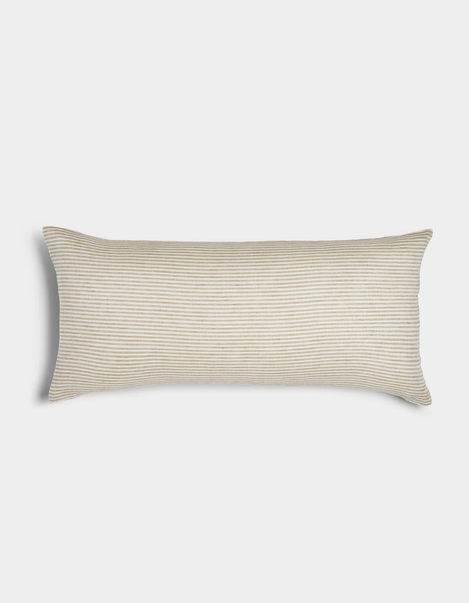 The Cozy Earth Striped Throw Pillow features a beige and white thin horizontal striped pattern, displayed against a plain white background.