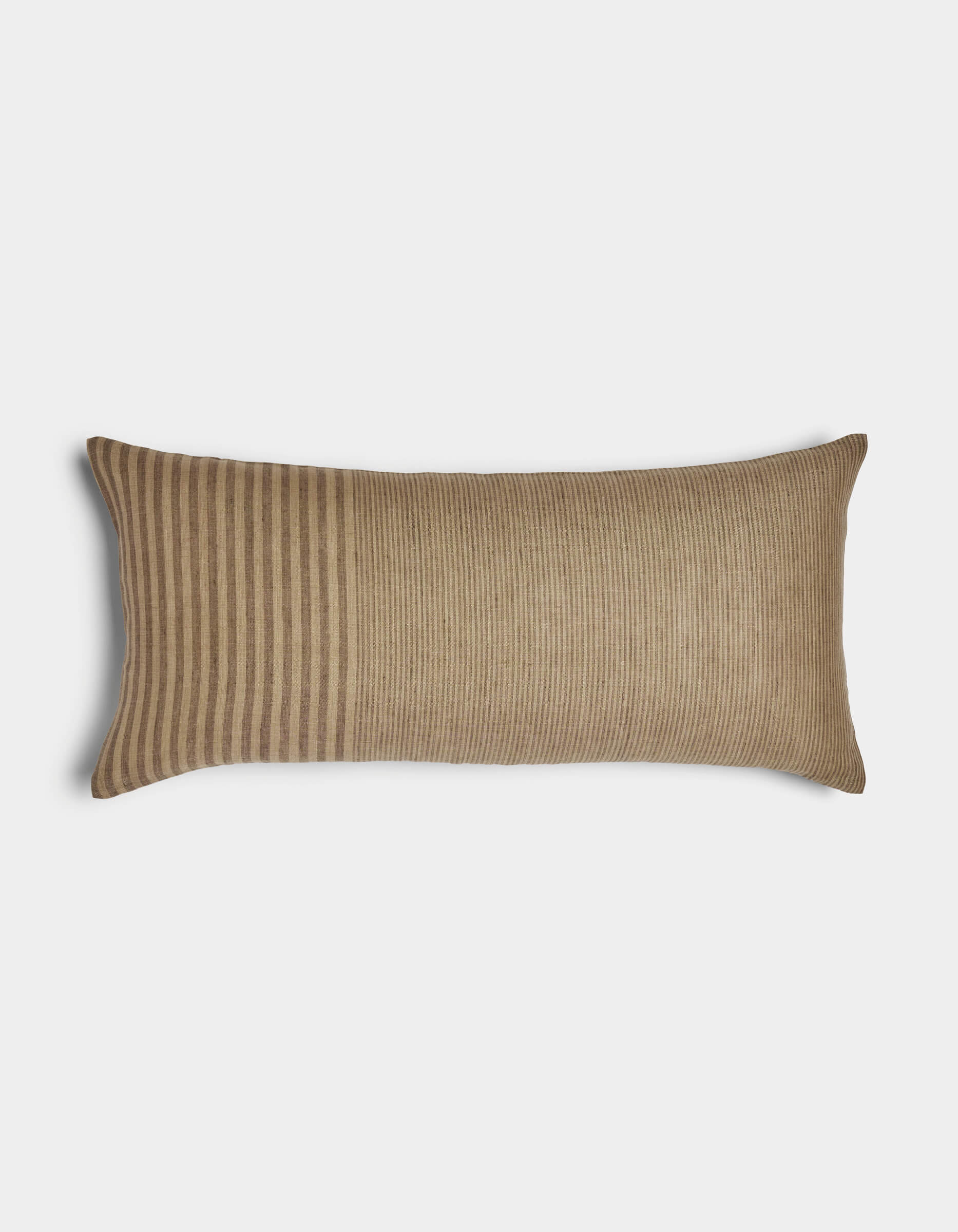 The Cozy Earth Striped Throw Pillow features a light brown corduroy texture, with vertical stripes on the left and a solid pattern on the right, shown against a plain white background.|Color:Mixed Stripe Sable and Sandalwood |Size:14" x 30"