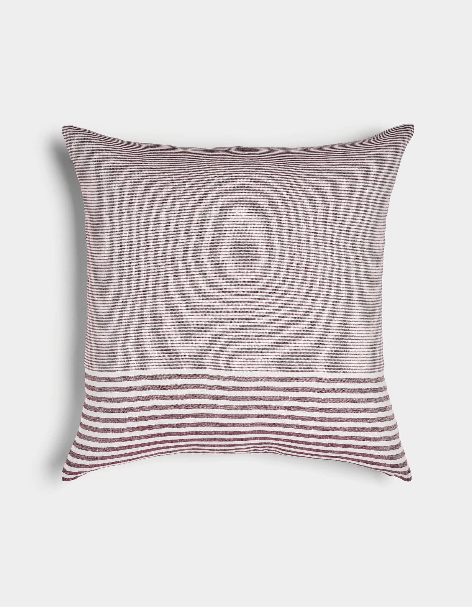 The Cozy Earth Striped Throw Pillow features a maroon and white striped design: thin horizontal stripes cover the top two-thirds, while wide stripes accent the bottom third, all on a plain white background.