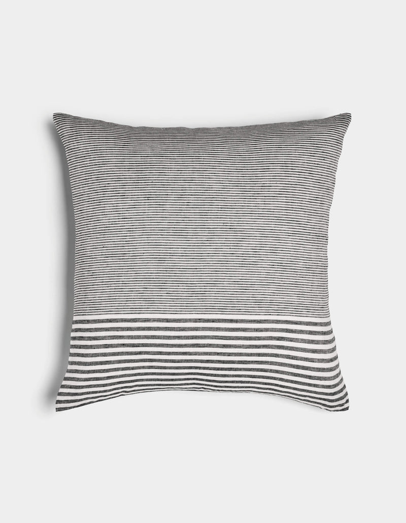 The Cozy Earth Striped Throw Pillow features thin black and white horizontal stripes with a wider striped band near the bottom, displayed on a plain white background.