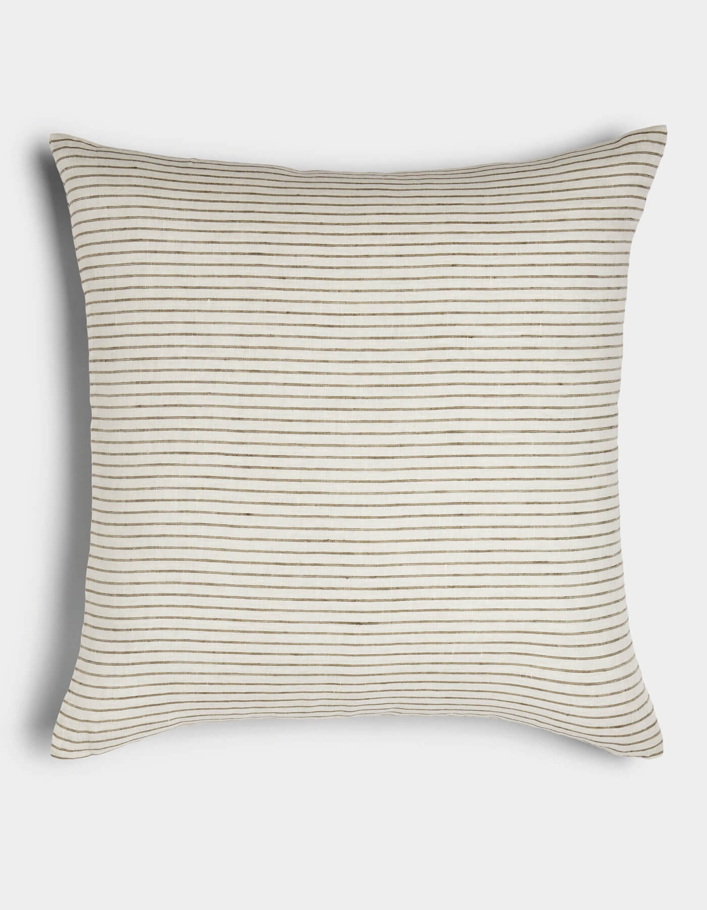 The Cozy Earth Striped Throw Pillow features a cream background with thin, evenly spaced horizontal black stripes, slightly rounded corners, and a soft, textured finish.