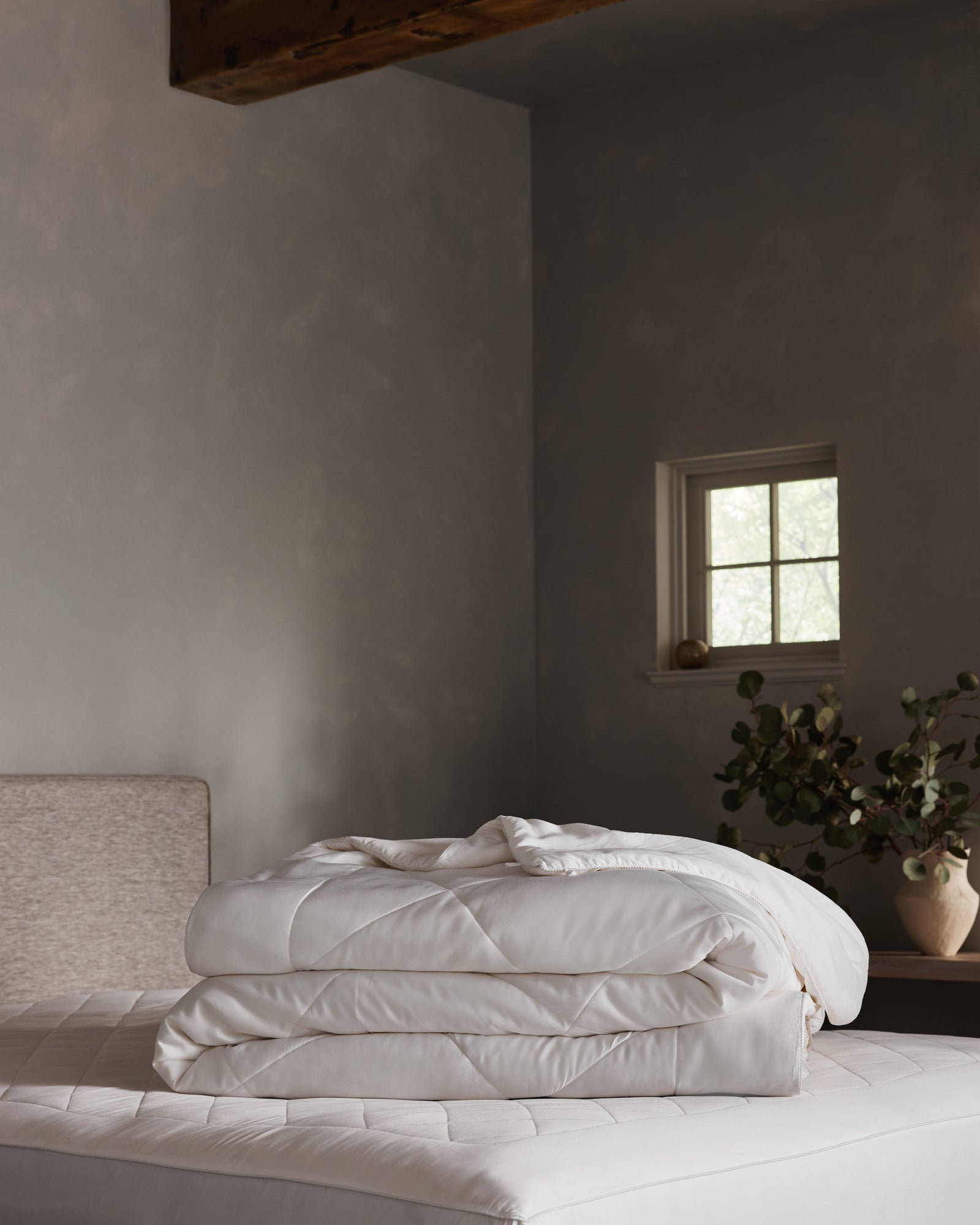 A neatly folded Bamboo Viscose Comforter by Cozy Earth rests on a bed with a light headboard in a softly lit, minimalist bedroom. A small window and vase with greenery appear in the background.