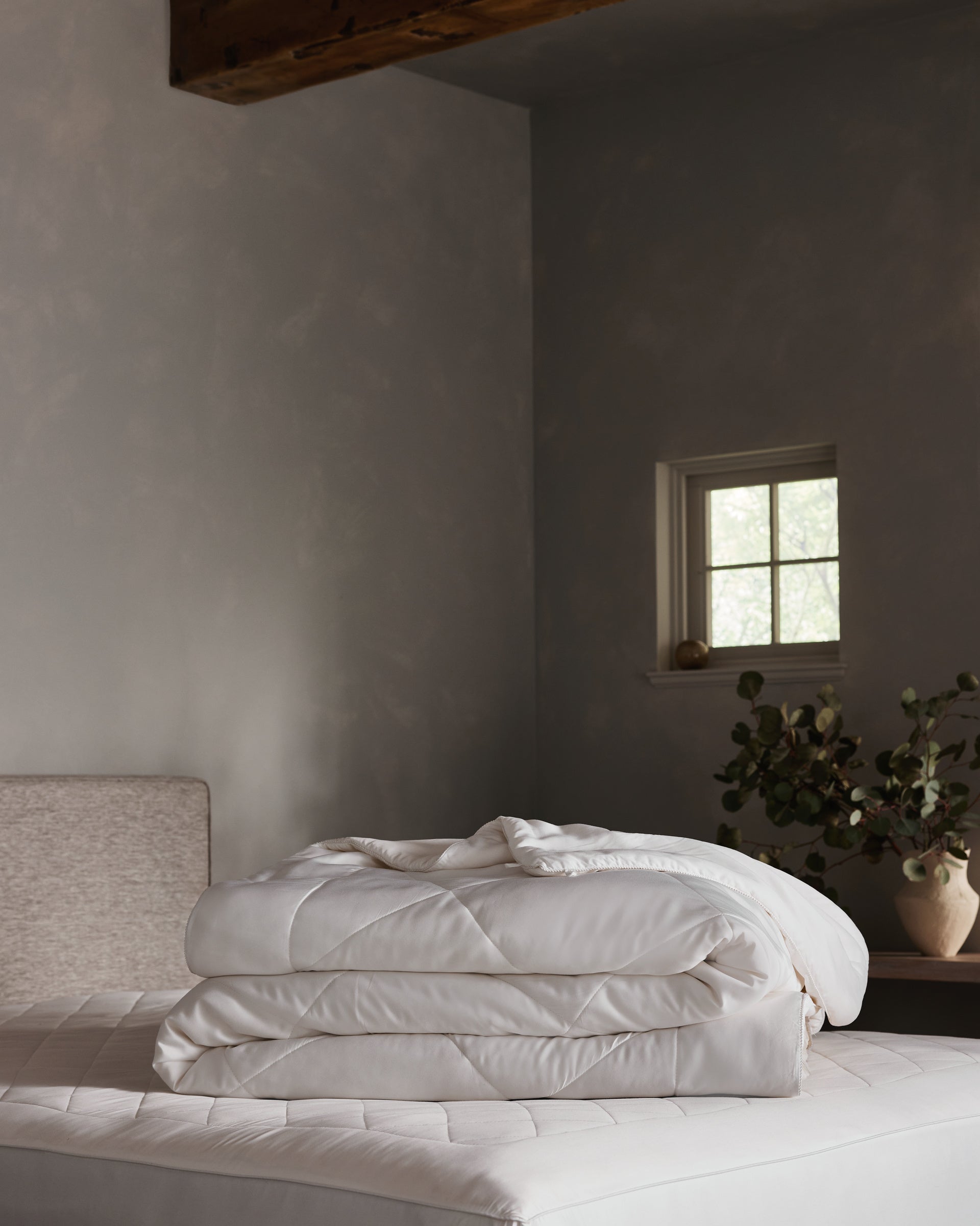 A neatly folded Cozy Earth Bamboo Viscose Comforter rests on a mattress in a softly lit bedroom with gray walls, a small window, and a vase with greenery atop a wooden nightstand. 