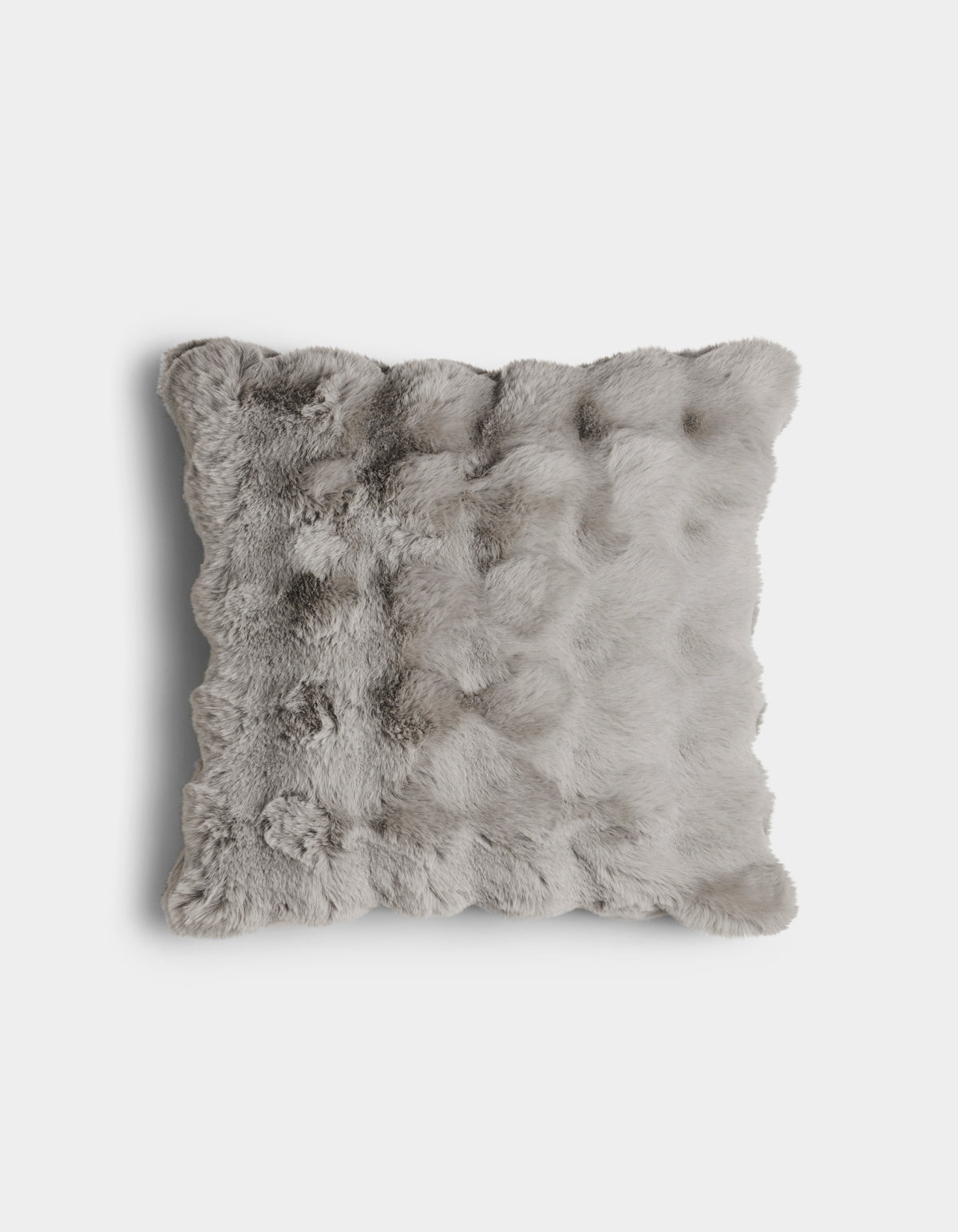 The Bubble Cuddle Pillow by Cozy Earth is a square, light gray faux fur pillow with a soft, fluffy texture, displayed against a plain white background.|Color:Light Grey |Size:20" x 20"