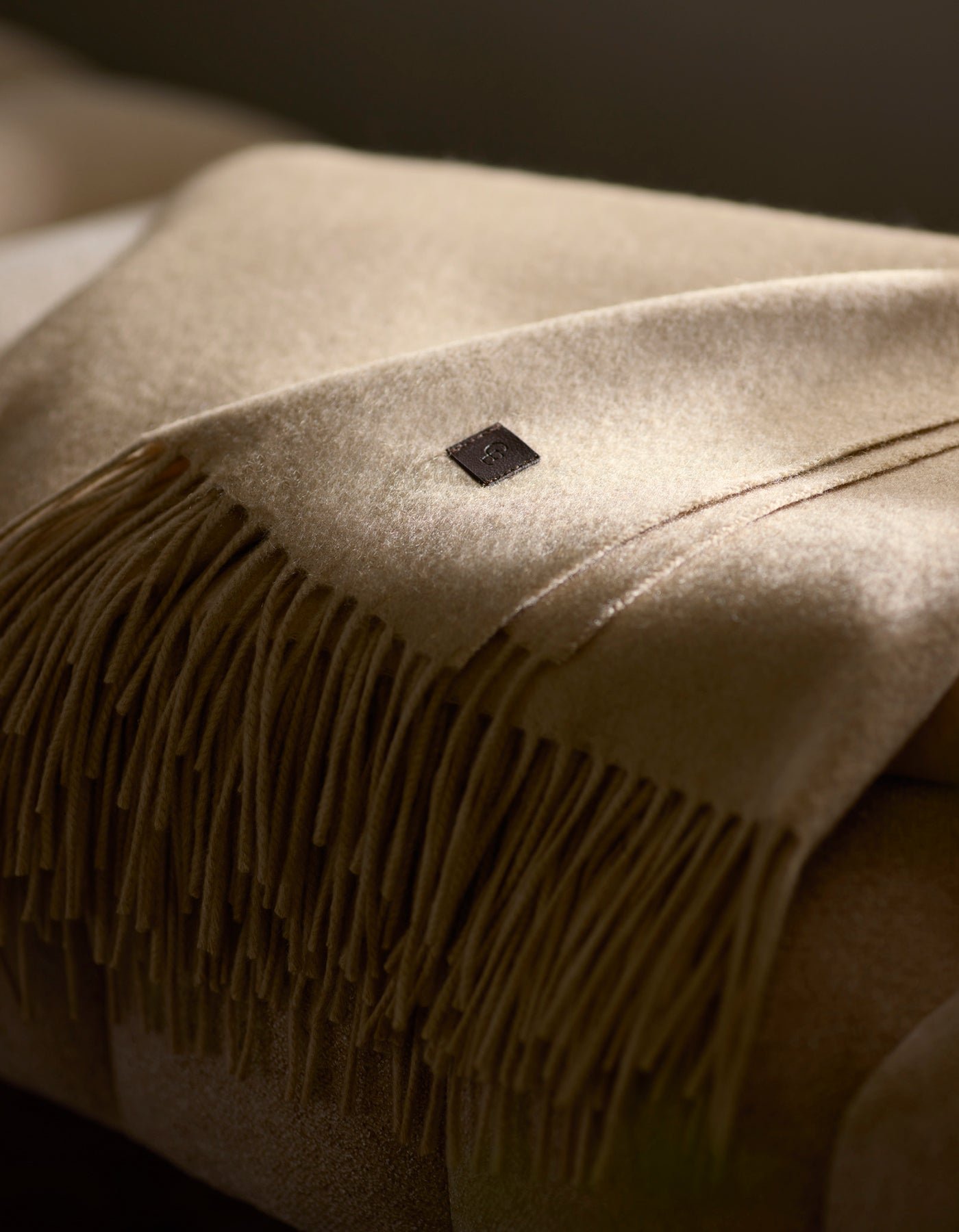 A close-up of the Cozy Earth Cashmere Tassel Throw, a beige cashmere blanket with fringe and a small square leather label, softly lit by natural light.