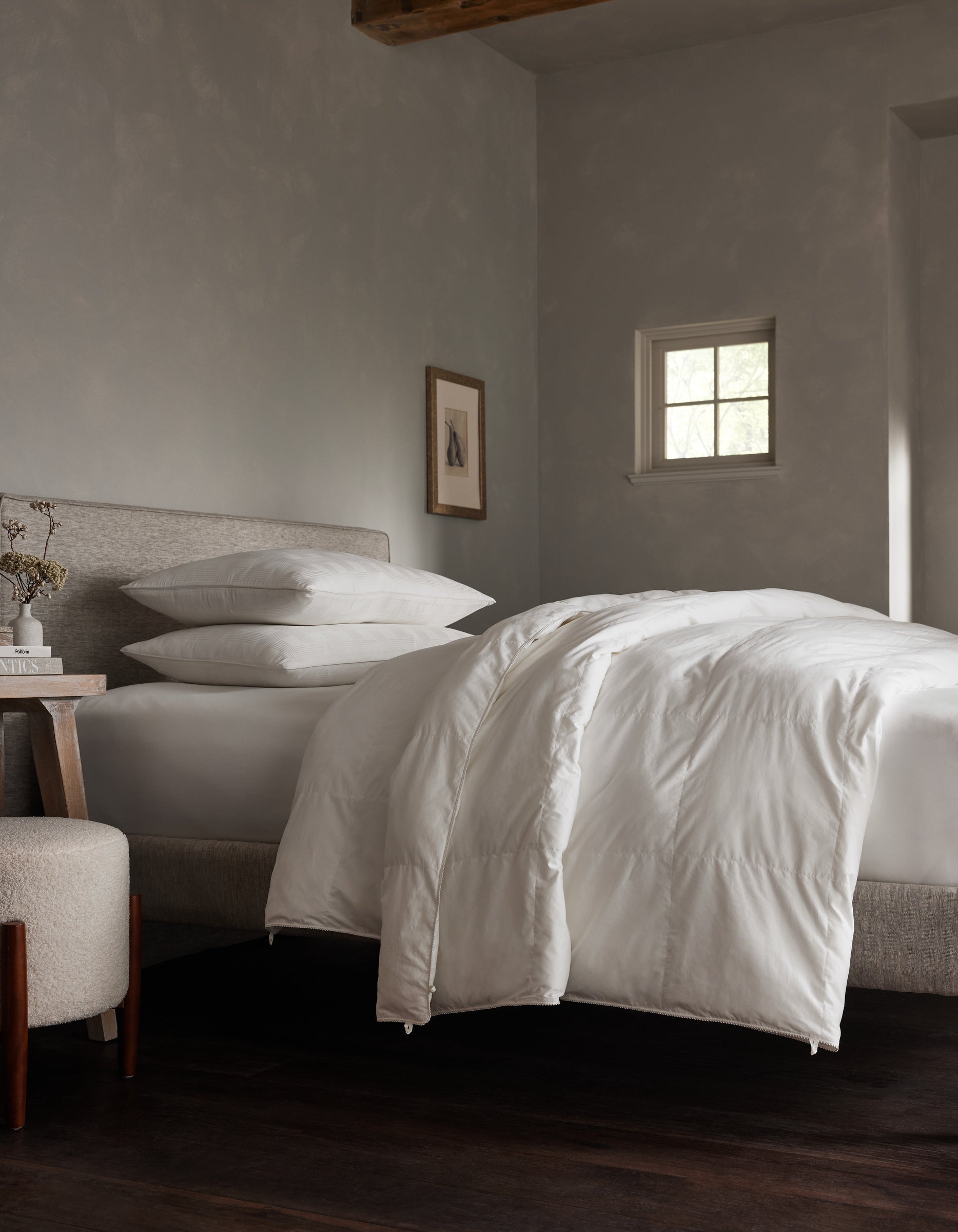 Down alternative comforter to be paired with Dove Grey, Charcoal, Creme, Driftwood, Light Grey, Oat, Pacific Blue, Shore, Peony, Walnut, Laurel, Classic Stripe in Pacific, Classic Stripe in Ebony, Classic Stripe in Laurel, White, Baja Stripe in Laurel, Baja Stripe in Maple, Mulberry, River duvet cover.