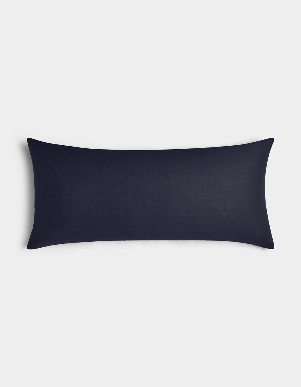 The Cozy Earth Linen Throw Pillow, in rectangular navy blue with a smooth fabric surface, is displayed against a plain light gray background.