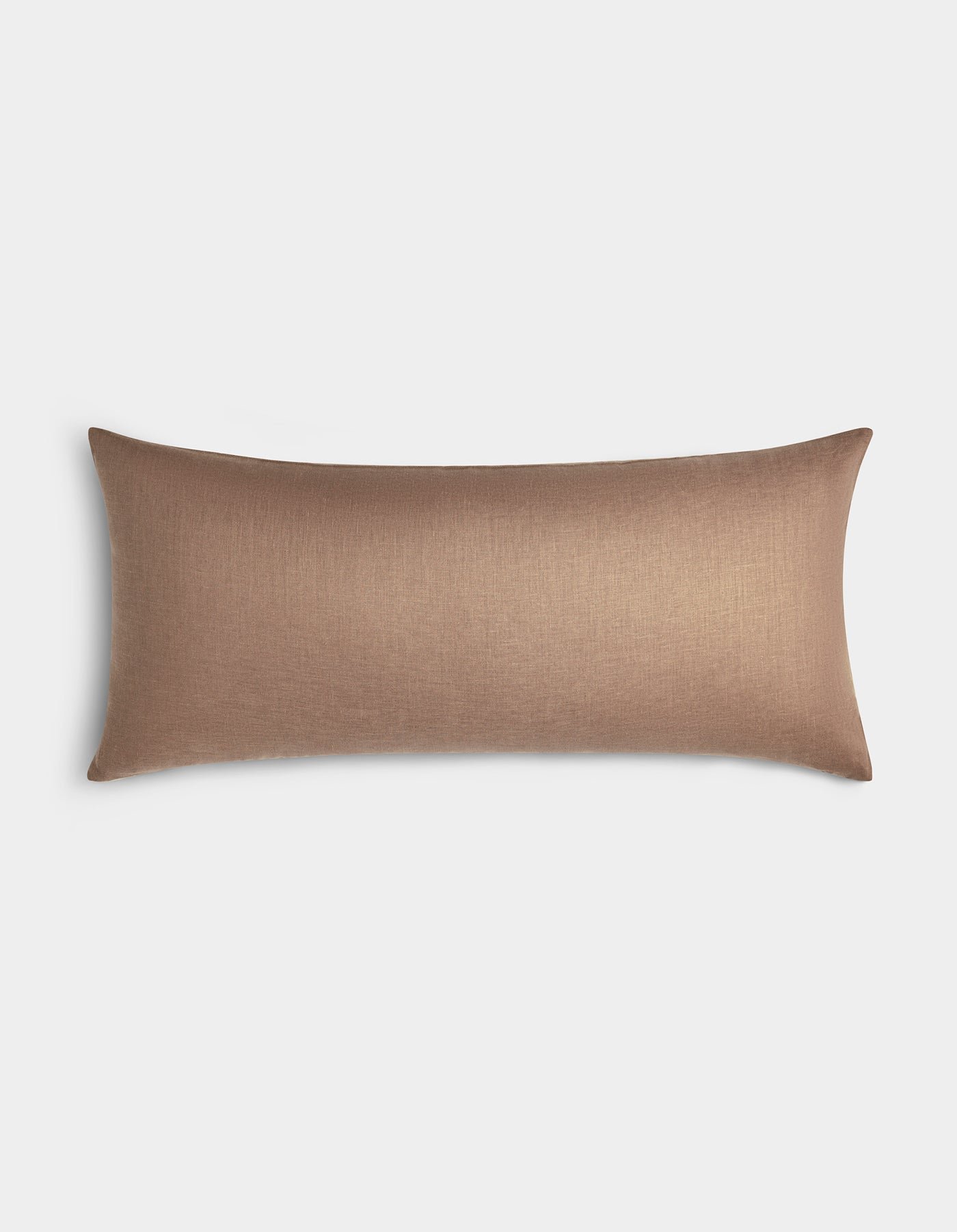 The Linen Throw Pillow by Cozy Earth features a rectangular shape and light brown color with a smooth texture, displayed on a plain white background.|Color:Maple