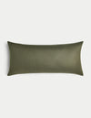 The Cozy Earth Linen Throw Pillow features a rectangular, olive green design with a smooth, solid-colored fabric cover, displayed on a plain white background.|Color:Olive |Size:14" x 30"