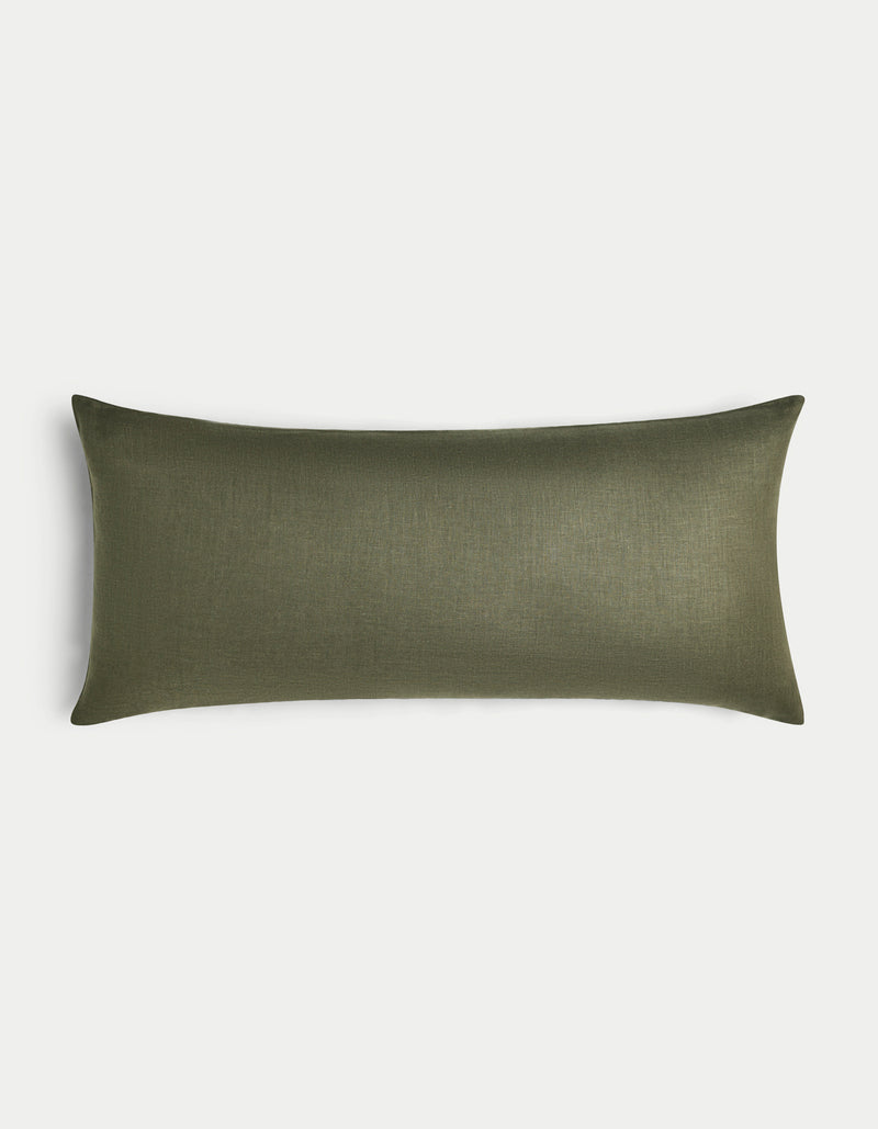 The Cozy Earth Linen Throw Pillow features a rectangular, olive green design with a smooth, solid-colored fabric cover, displayed on a plain white background.