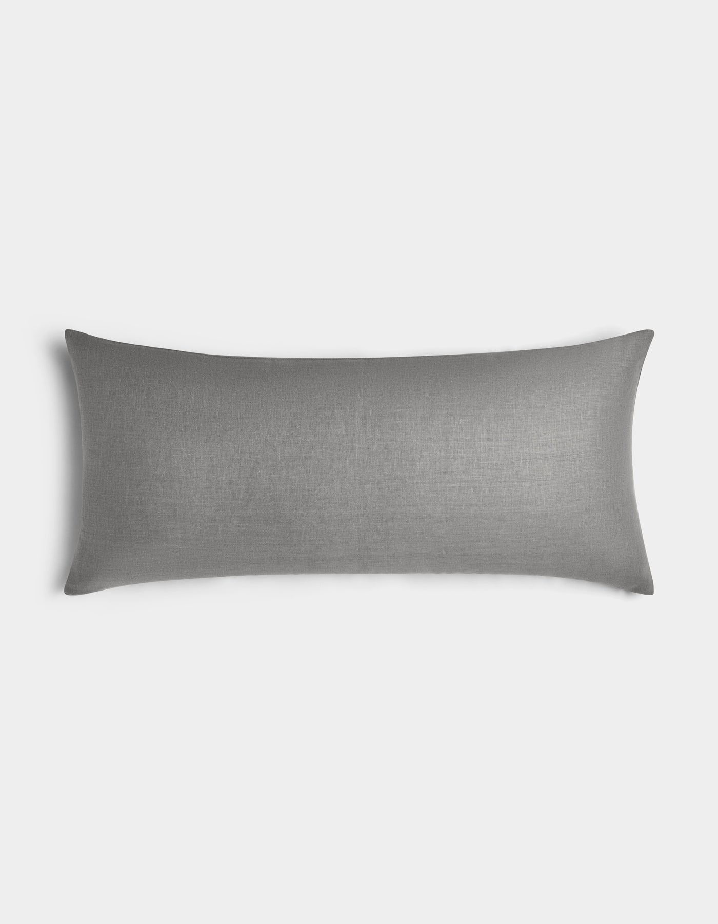 The Cozy Earth Linen Throw Pillow is a long, rectangular gray pillow with a smooth solid-colored cover, shown against a plain white background.|Color:Steel |Size:14" x 30"