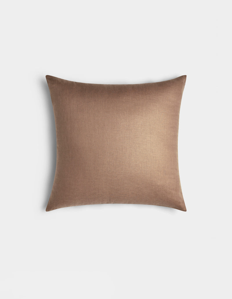 The Cozy Earth Linen Throw Pillow is a square, brown cushion with a smooth fabric texture, displayed against a plain white background.