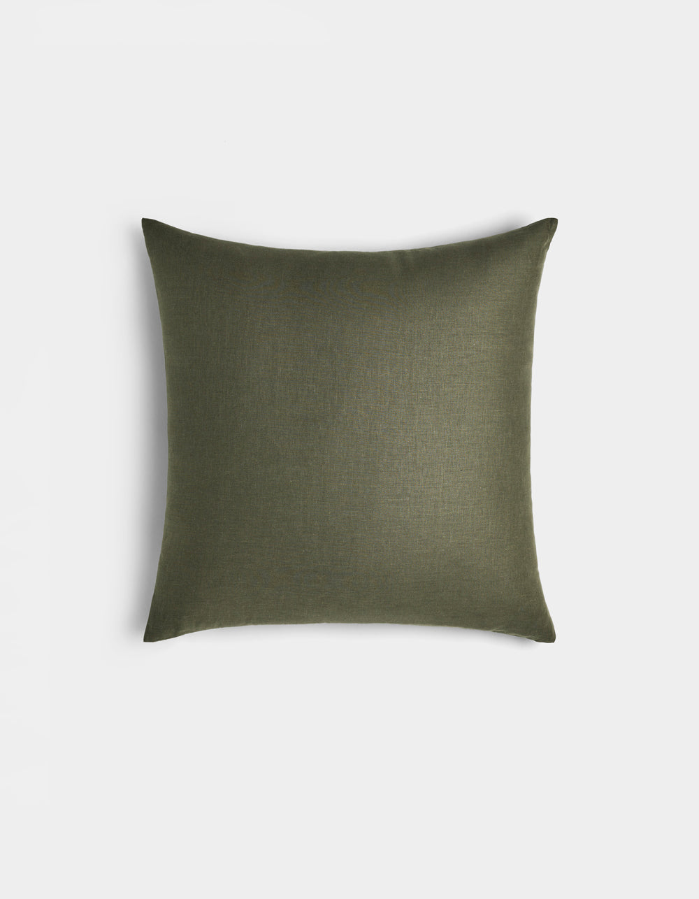 The Cozy Earth Linen Throw Pillow is a square pillow in olive green with a smooth, plain fabric cover, shown against a white background.
