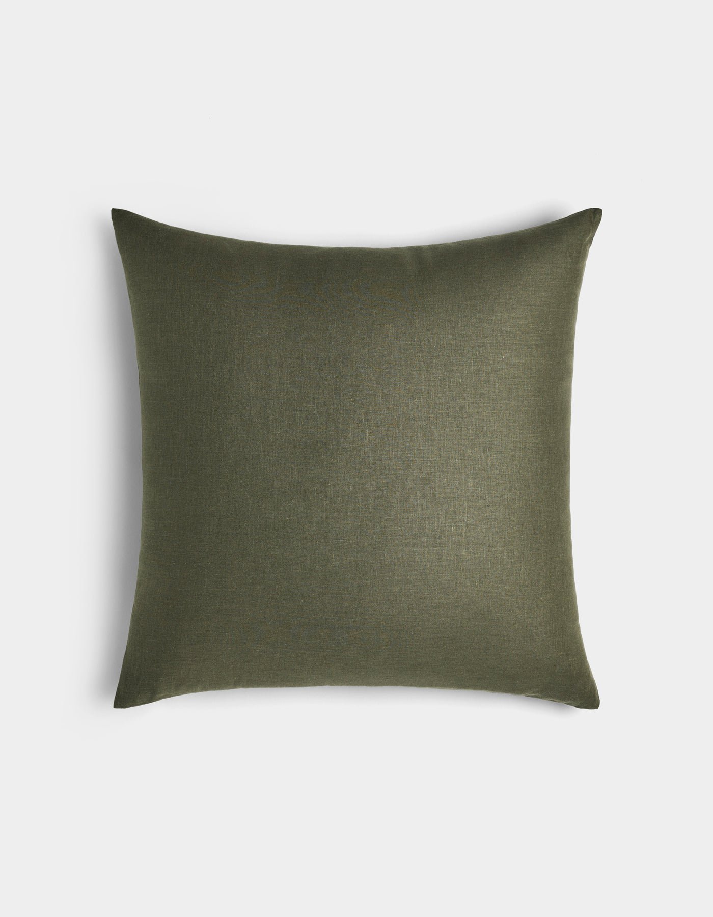 The Cozy Earth Linen Throw Pillow features a square shape in olive green with a plain, smooth fabric texture, displayed against a light gray background.