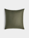 The Cozy Earth Linen Throw Pillow features a square shape in olive green with a plain, smooth fabric texture, displayed against a light gray background.|Color:Olive