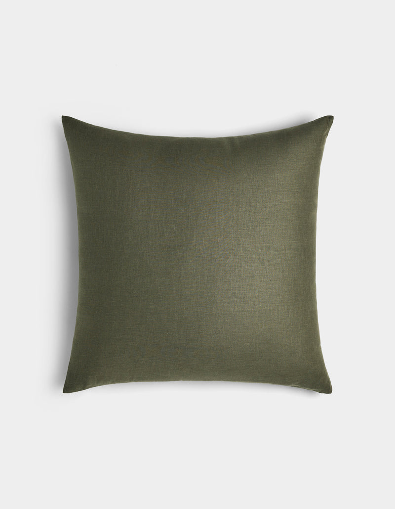 The Cozy Earth Linen Throw Pillow features a square shape in olive green with a plain, smooth fabric texture, displayed against a light gray background.
