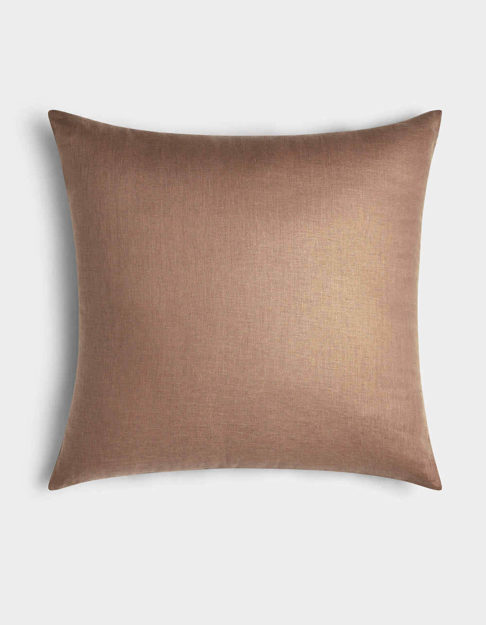 Cozy Earth’s Linen Throw Pillow features a smooth, plain brown cover and is pictured against a white background.
