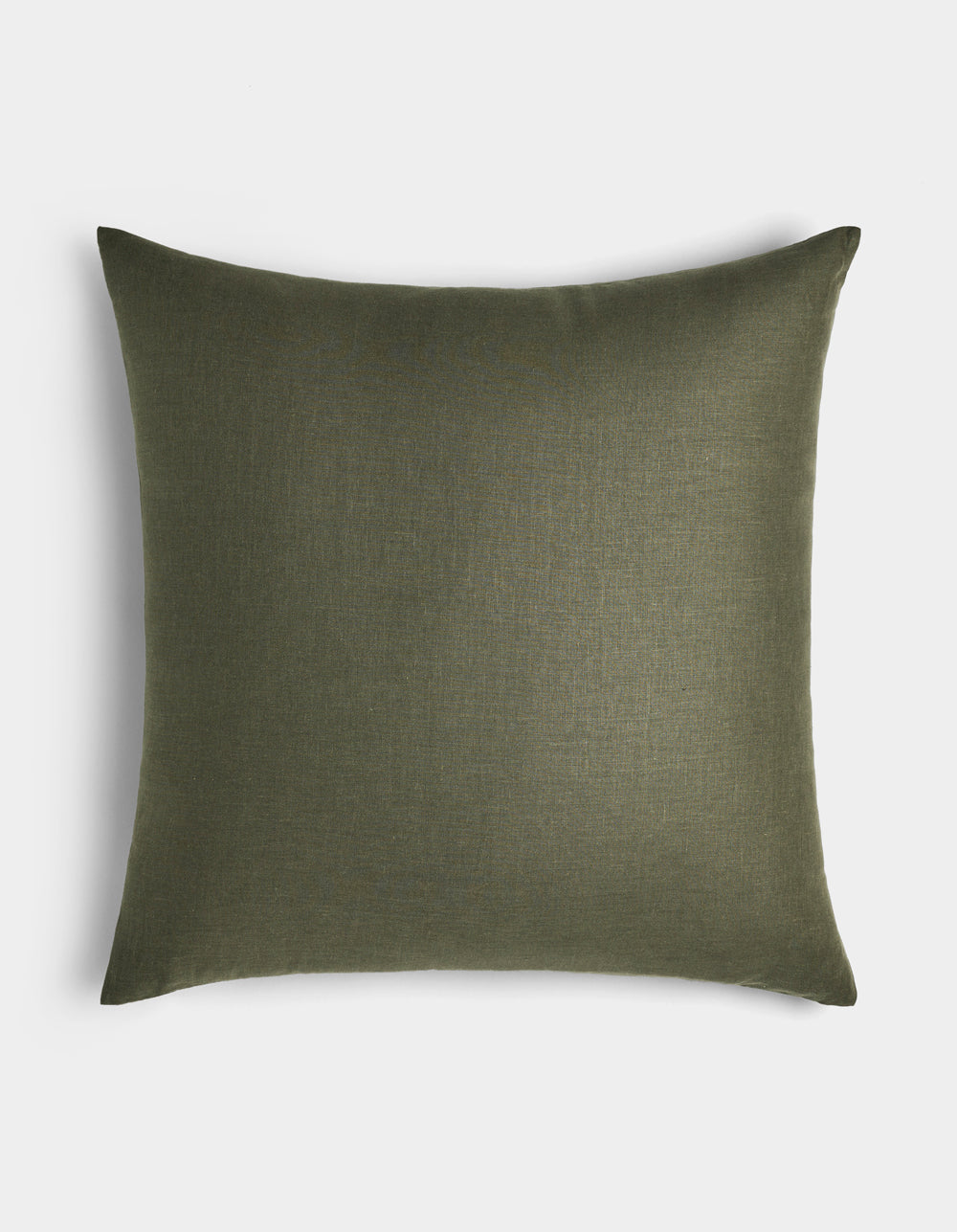 The Cozy Earth Linen Throw Pillow is square-shaped with a smooth, plain olive green cover, shown against a white background.