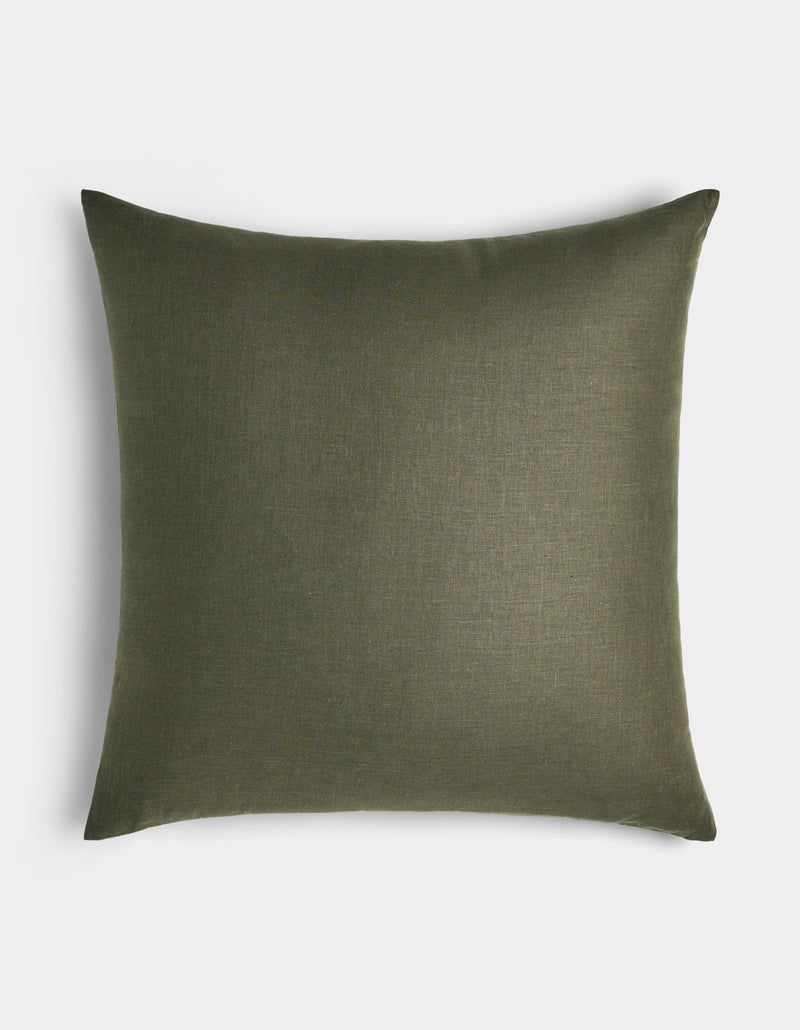 The Cozy Earth Linen Throw Pillow is square-shaped with a smooth, plain olive green cover, shown against a white background.