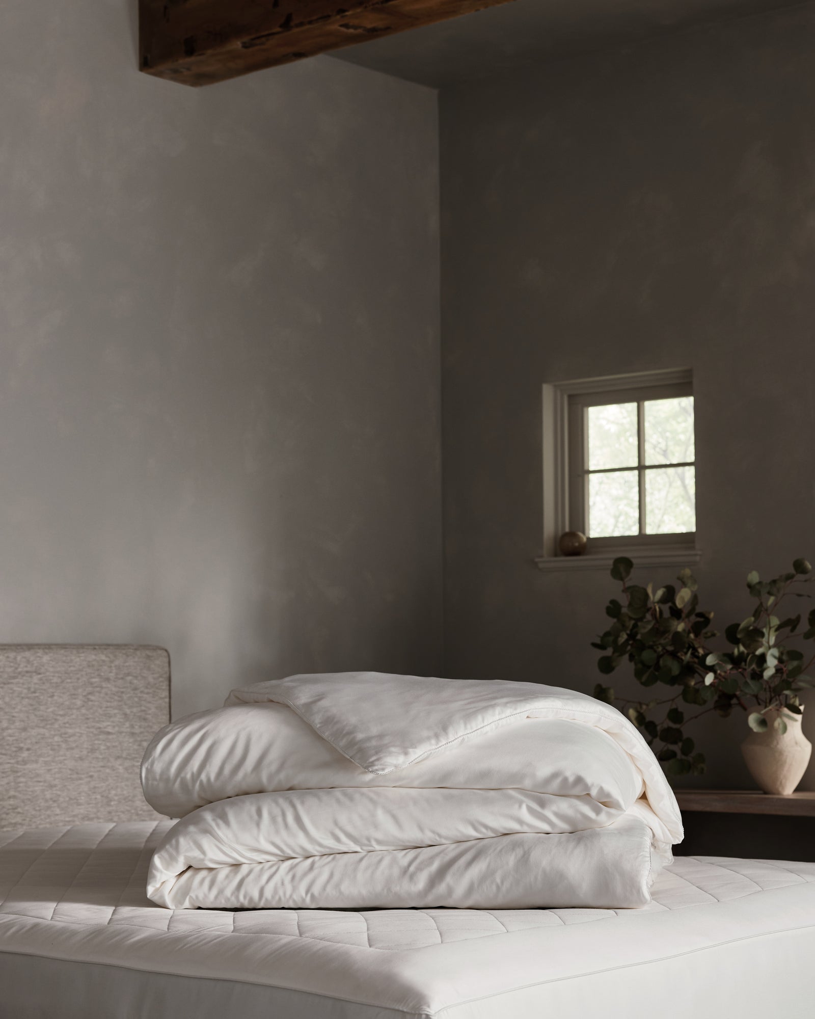 A neatly folded Silk Comforter by Cozy Earth rests on a mattress in a softly lit, minimalist bedroom with gray walls, a small window, and a vase of greenery on a wooden bench.