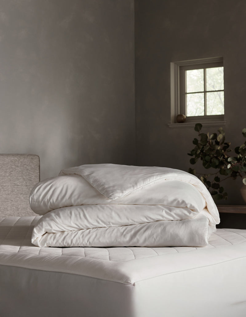A neatly folded Silk Comforter by Cozy Earth rests on a mattress in a softly lit, minimalist bedroom with gray walls, a small window, and a vase of greenery on a wooden bench.