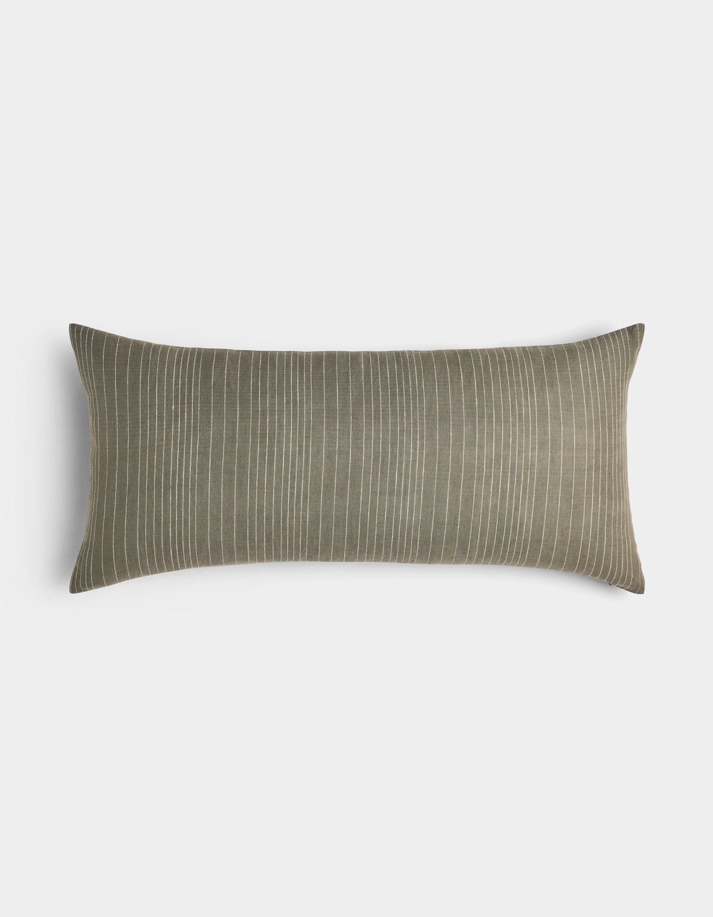 The Cozy Earth Striped Throw Pillow features an olive green cover with thin white vertical stripes, displayed against a plain white background.|Color:Smoke|Size:14 x 30