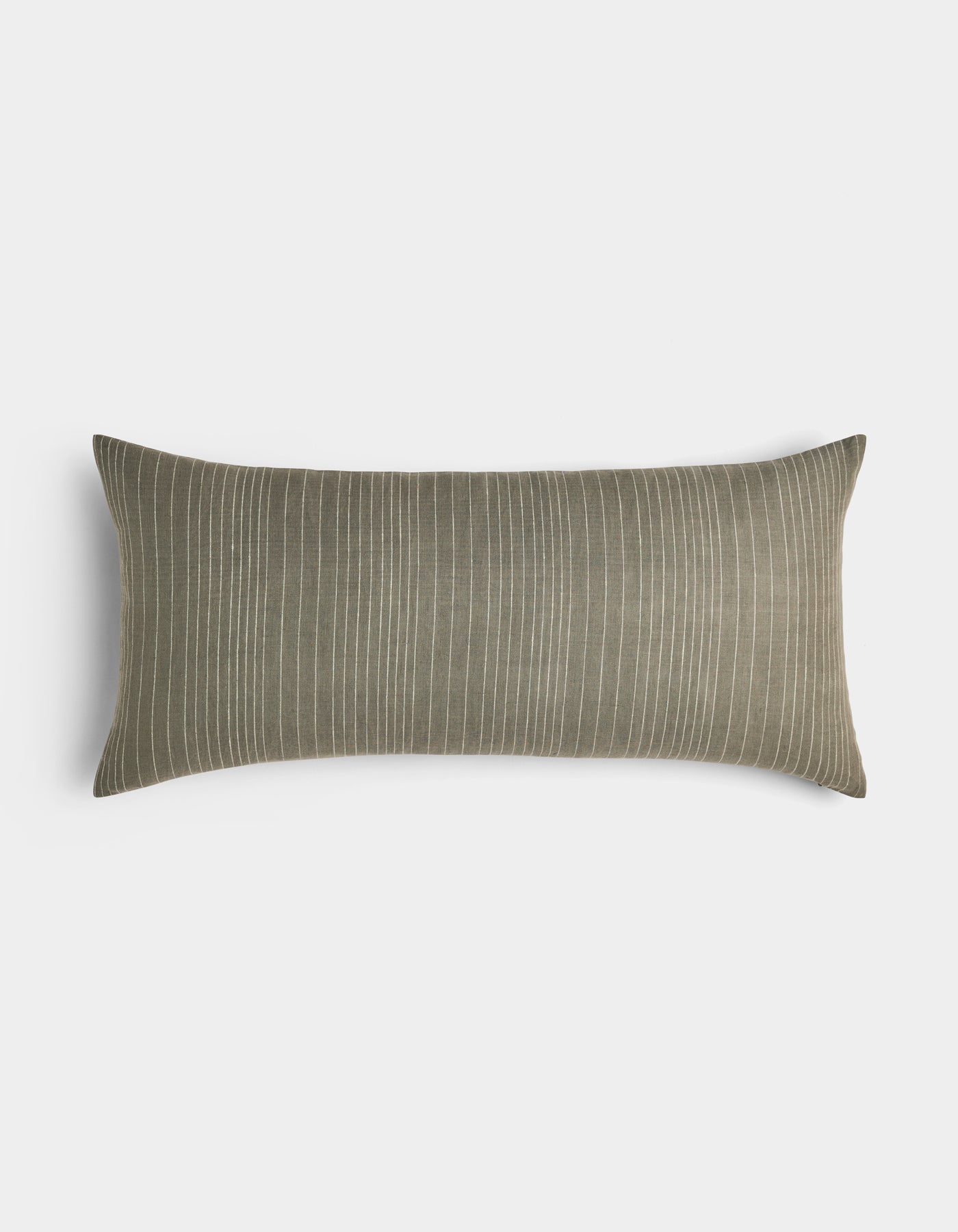 The Cozy Earth Striped Throw Pillow features an olive green cover with thin white vertical stripes, displayed against a plain white background.
