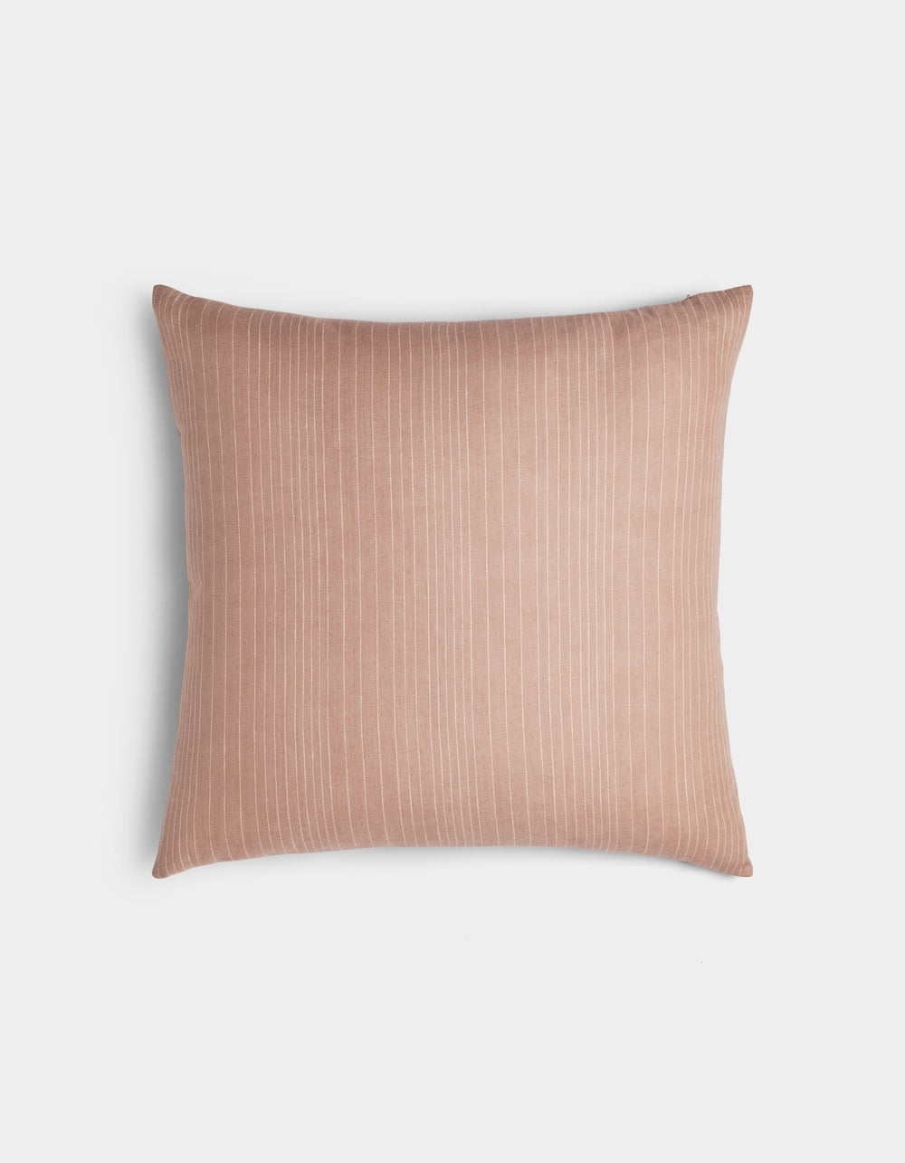 The Cozy Earth Striped Throw Pillow features a light brown and dusty rose color with thin vertical white pinstripes, displayed against a plain white background.