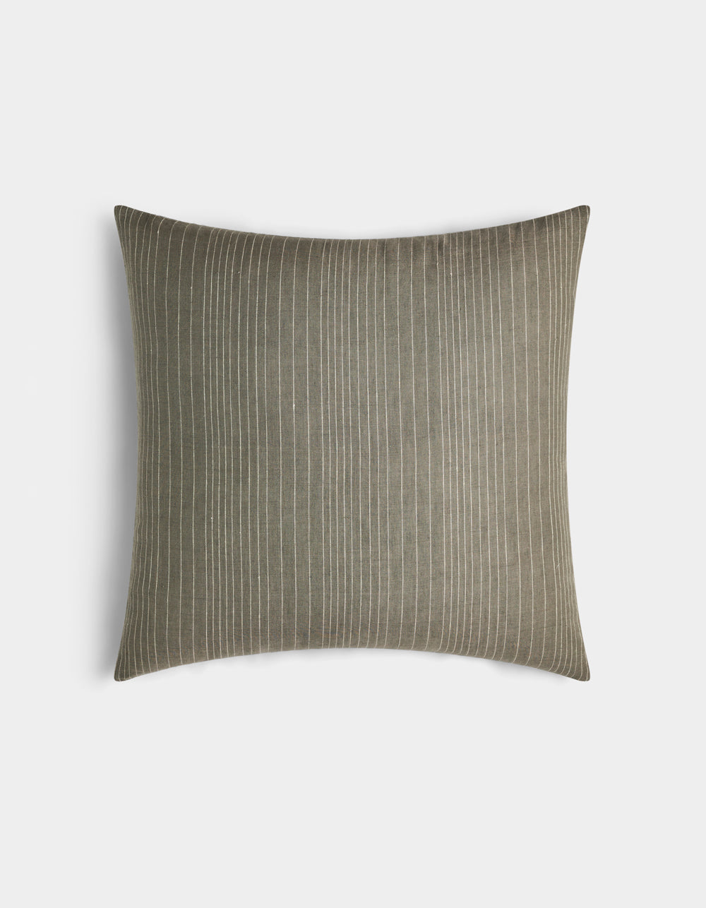 The Cozy Earth Striped Throw Pillow features a square shape in olive green with thin vertical white pinstripes, shown against a plain white background.