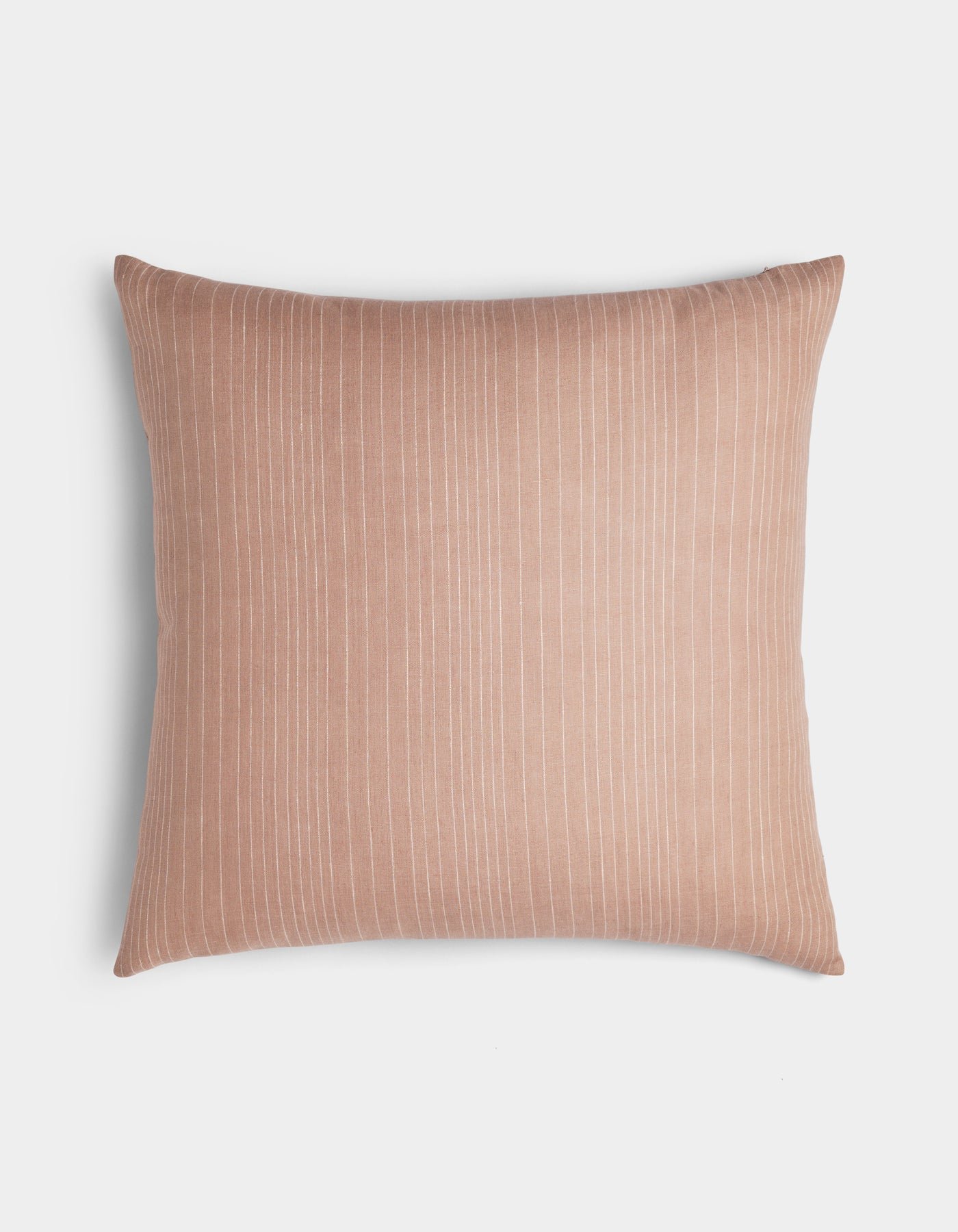 The Cozy Earth Striped Throw Pillow features a square shape in light brown with thin vertical white pinstripes, shown on a plain white background.|Color:Clay