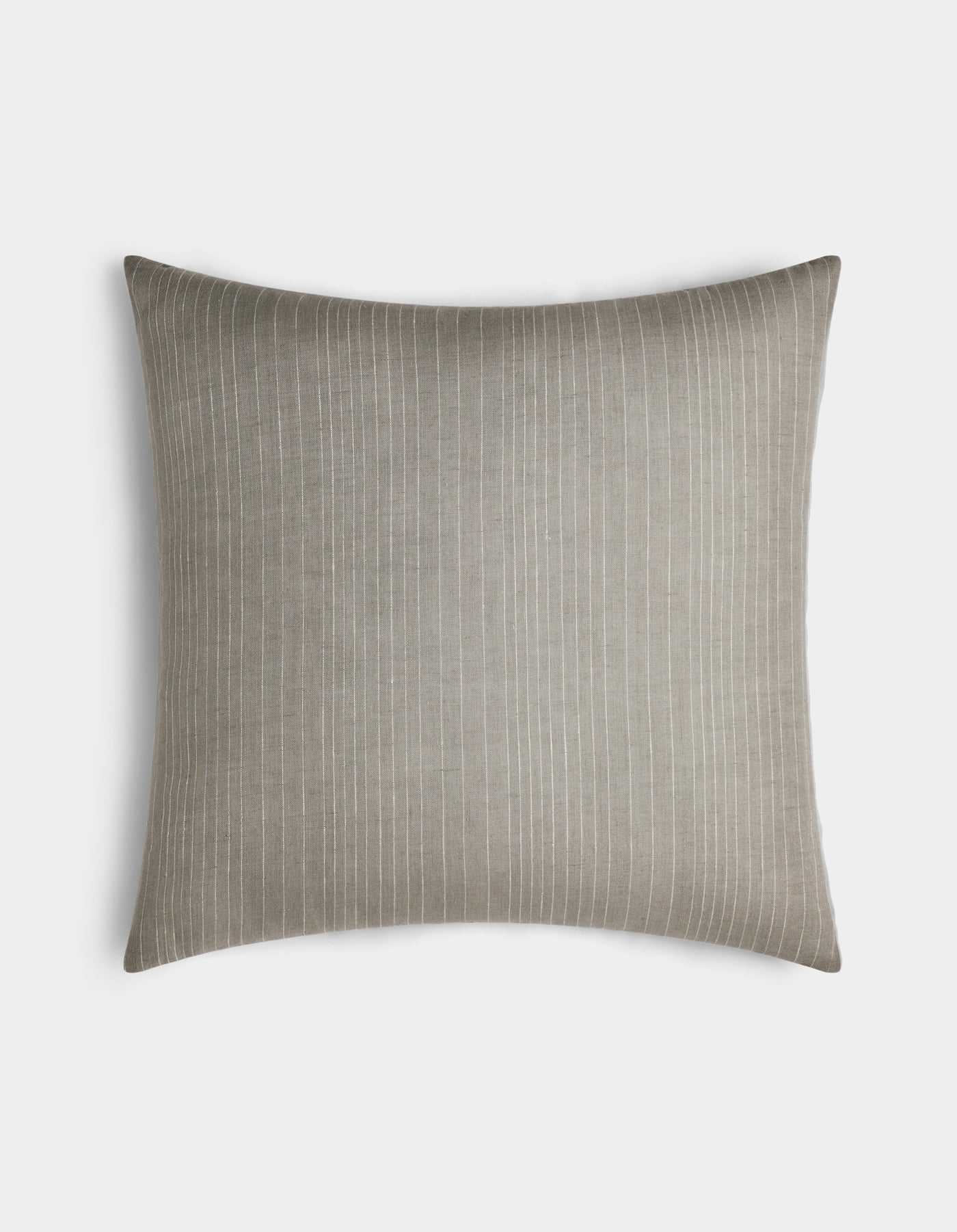 The Cozy Earth Striped Throw Pillow features a light gray square cover with thin white vertical pinstripes, shown against a plain white background.|Color:Grey|Size:24" x 24"