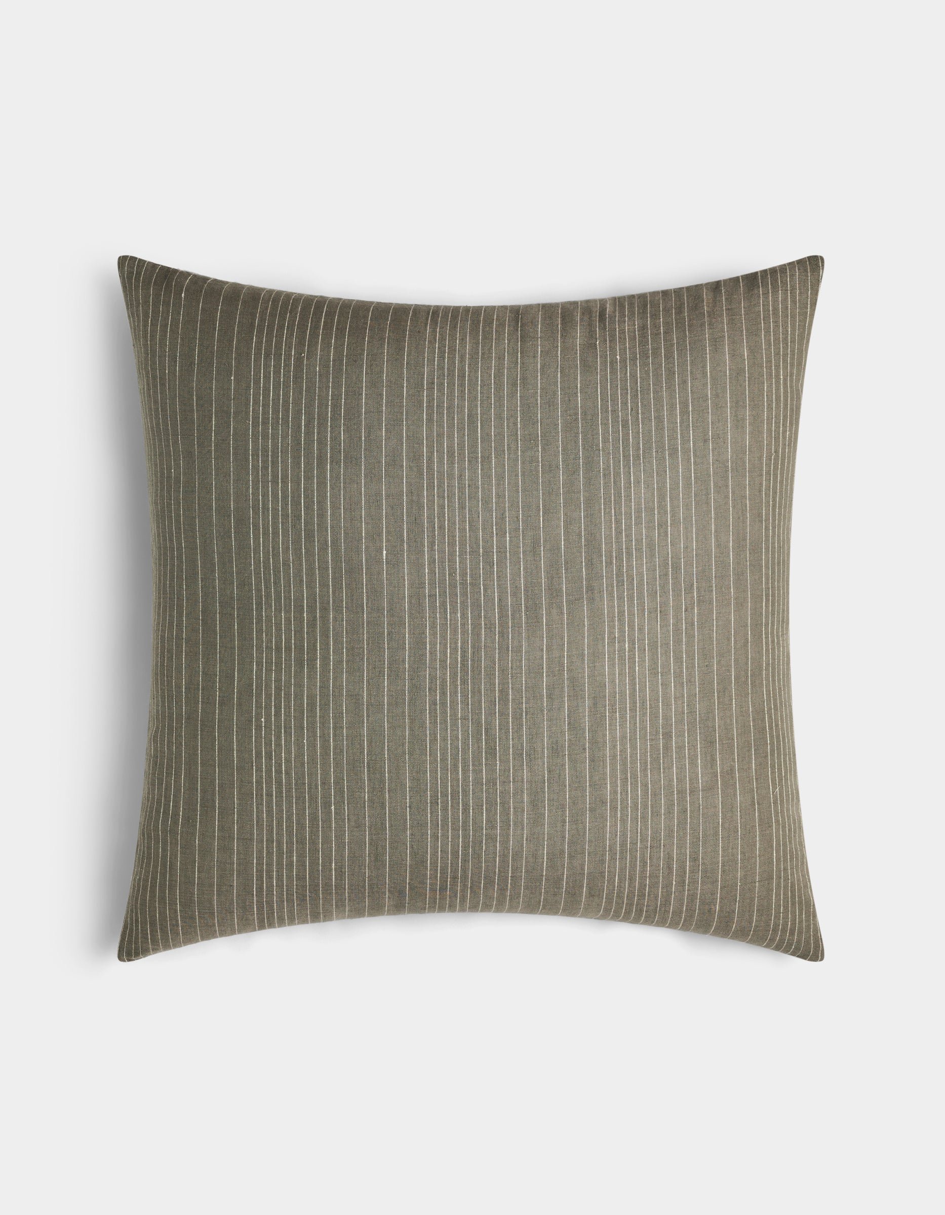 The Cozy Earth Striped Throw Pillow features thin white vertical pinstripes on a muted olive green rectangular cover, shown against a plain white background.|Color:Smoke