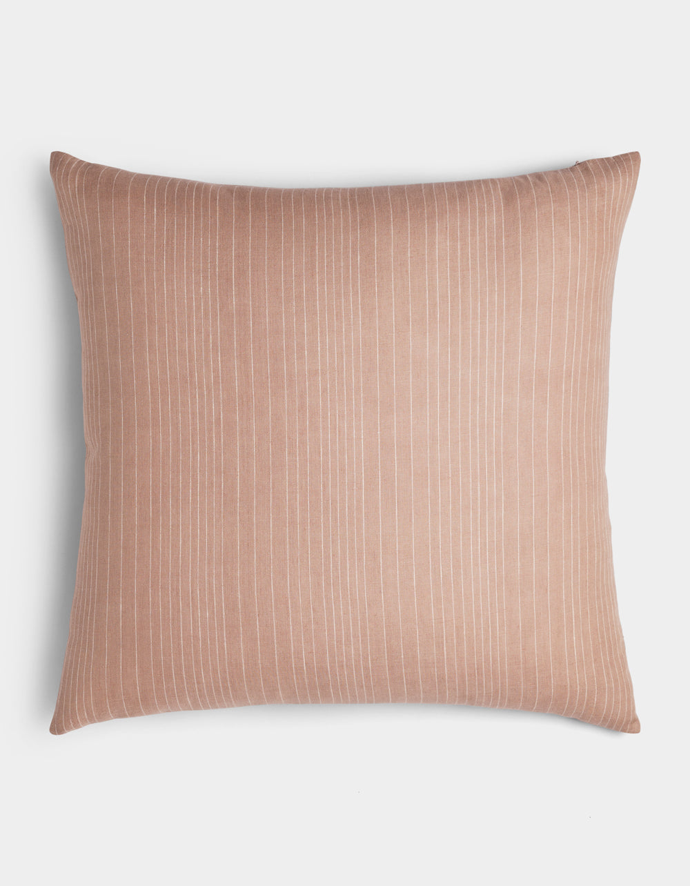 The Cozy Earth Striped Throw Pillow features light brown fabric with thin vertical white pinstripes and is shown against a plain white background.
