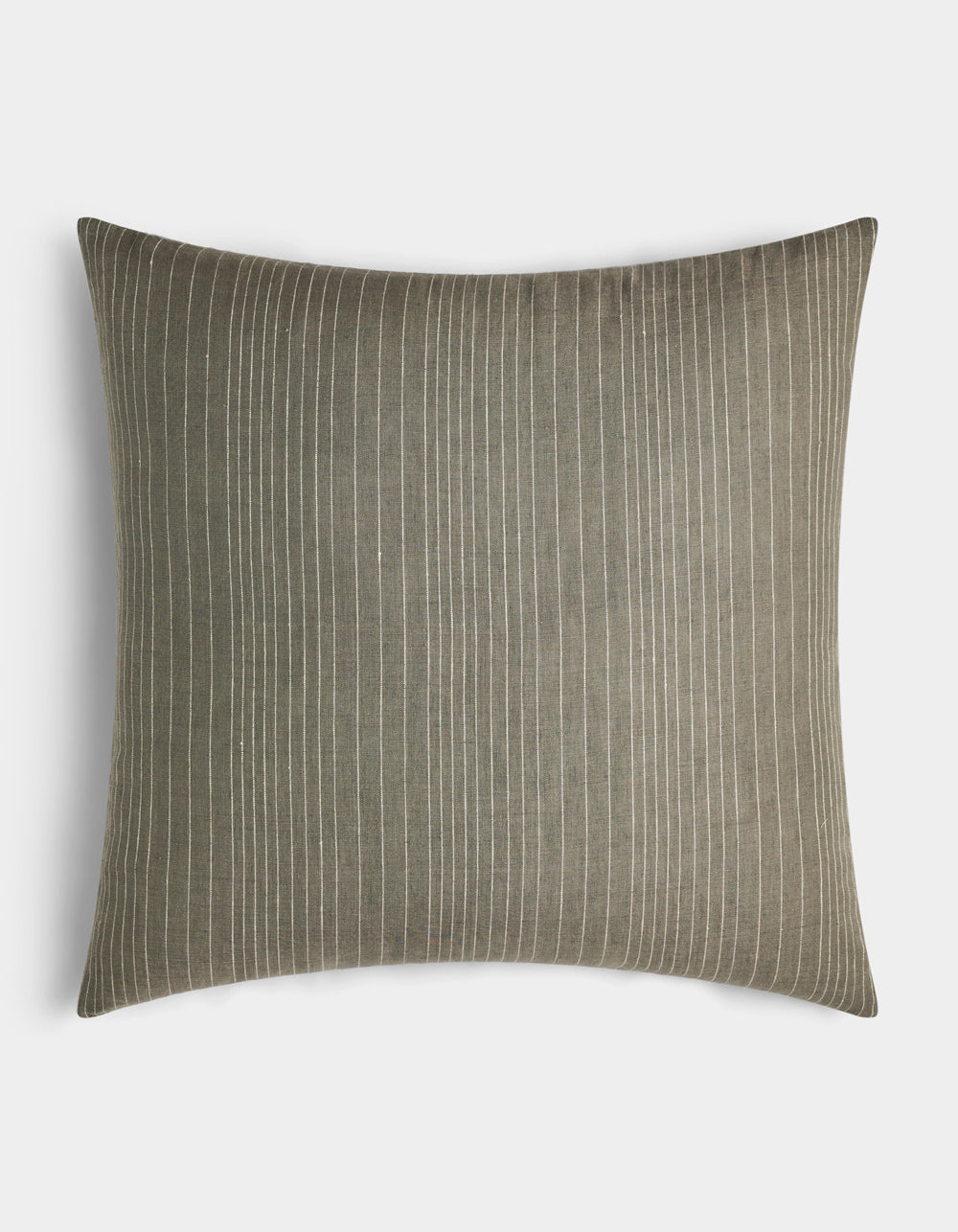 The Cozy Earth Striped Throw Pillow features a muted olive green color with thin vertical white pinstripes and is displayed on a plain white background.