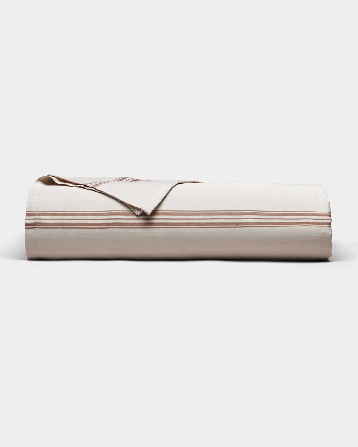The Cozy Earth Bamboo Sheet Set is neatly folded, featuring a beige color with thin horizontal brown stripes, and displayed against a plain light background.