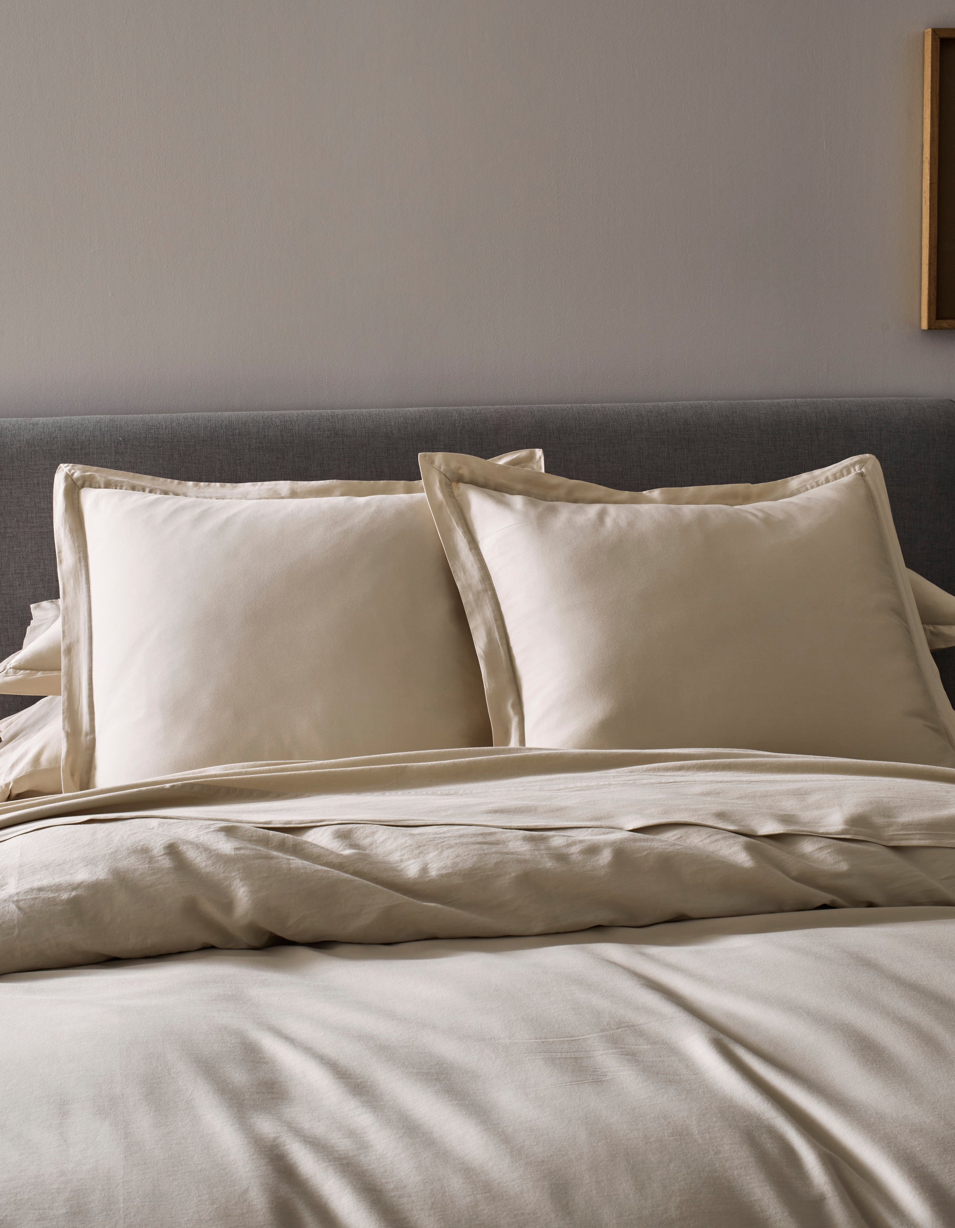 Two Soft-Wash Cotton Shams by Cozy Earth in beige rest against a gray upholstered headboard, paired with a coordinated beige comforter and sheets, creating a neat, minimal look in this modern bedroom.