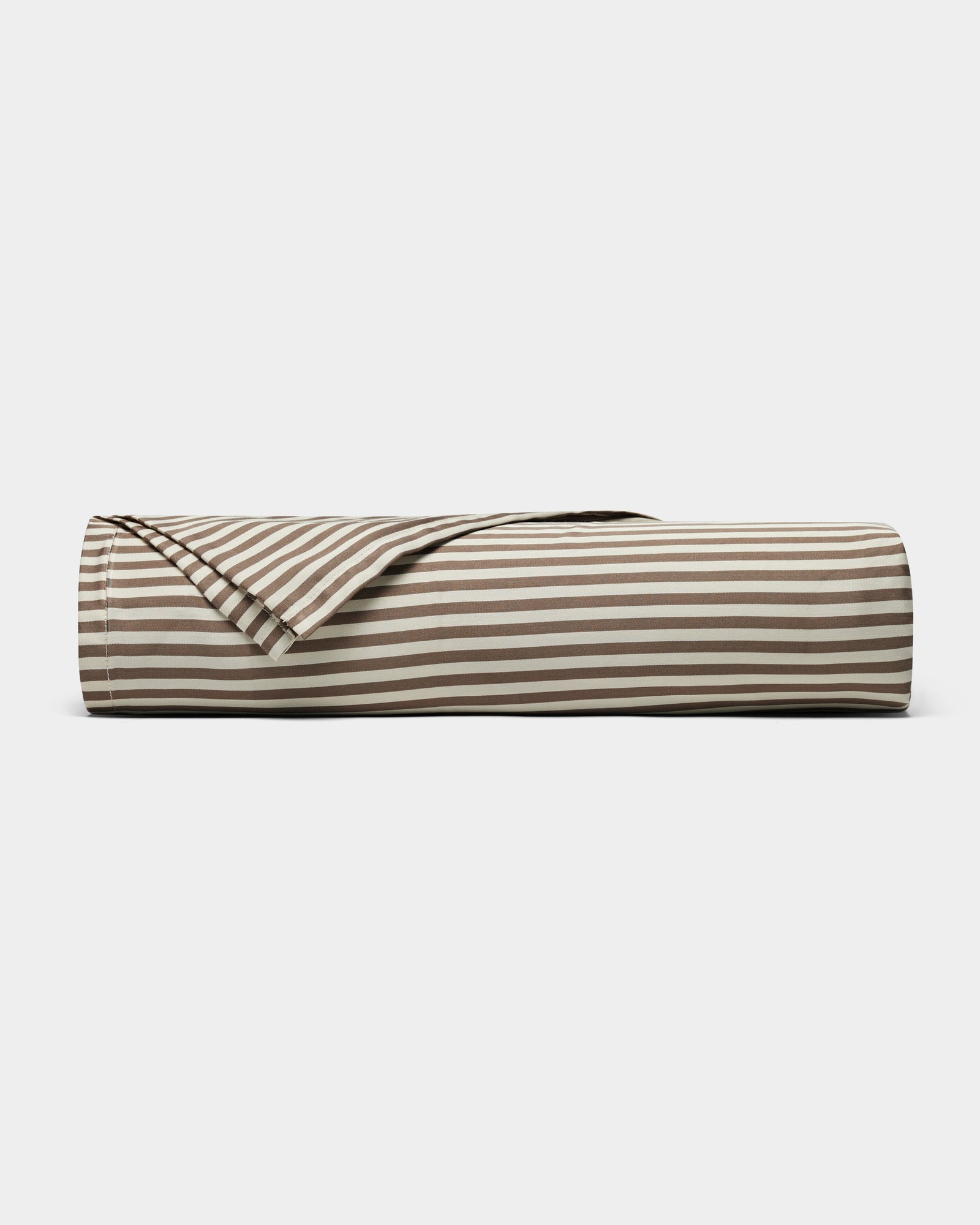 The Cozy Earth Bamboo Sheet Set is shown partially unrolled to reveal its brown and white horizontal stripes, displayed on a plain white background.
