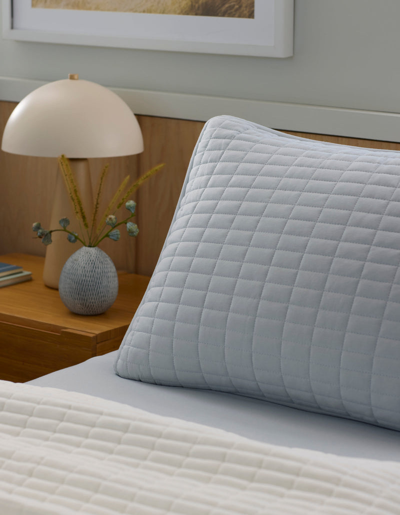 A neatly made bed features Cozy Earth Bamboo Jersey Quilted Shams in light blue and a white blanket, beside a wooden nightstand with a round lamp, small vase of dried plants, and several books.